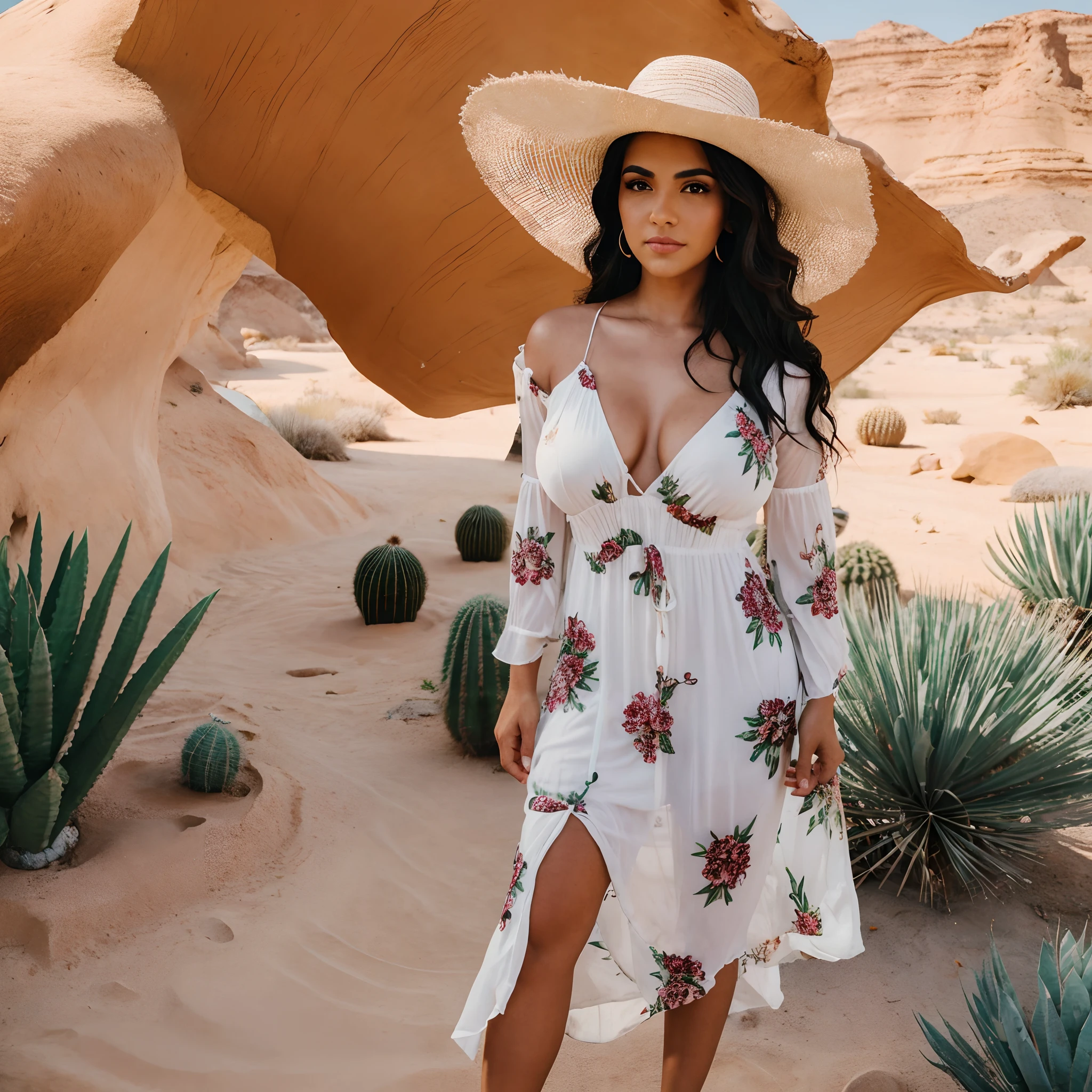 A beautiful 28 Yrs Old Mexican Hispanic Latina female, young, white skin tone, black hair. Eye Color is Brown, Busty, Curvy, standing, posing, wearing a flowy maxi dress, wide-brimmed hat, exploring the desert landscape, incorporate cacti and desert flora into the backdrop, Desert Oasis with Cactus Garden setting, day time, photorealistic, alone, very detailed, talking selfie, selfie full body shot