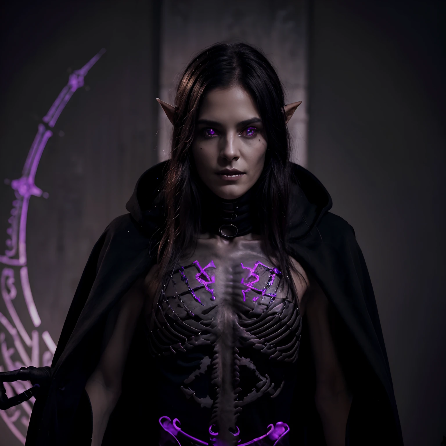 Draw a skeleton that has traces of your elven and jackal heritage, wearing a black overcoat with purple details and symbols inside, emanando uma aura necromante sombria.