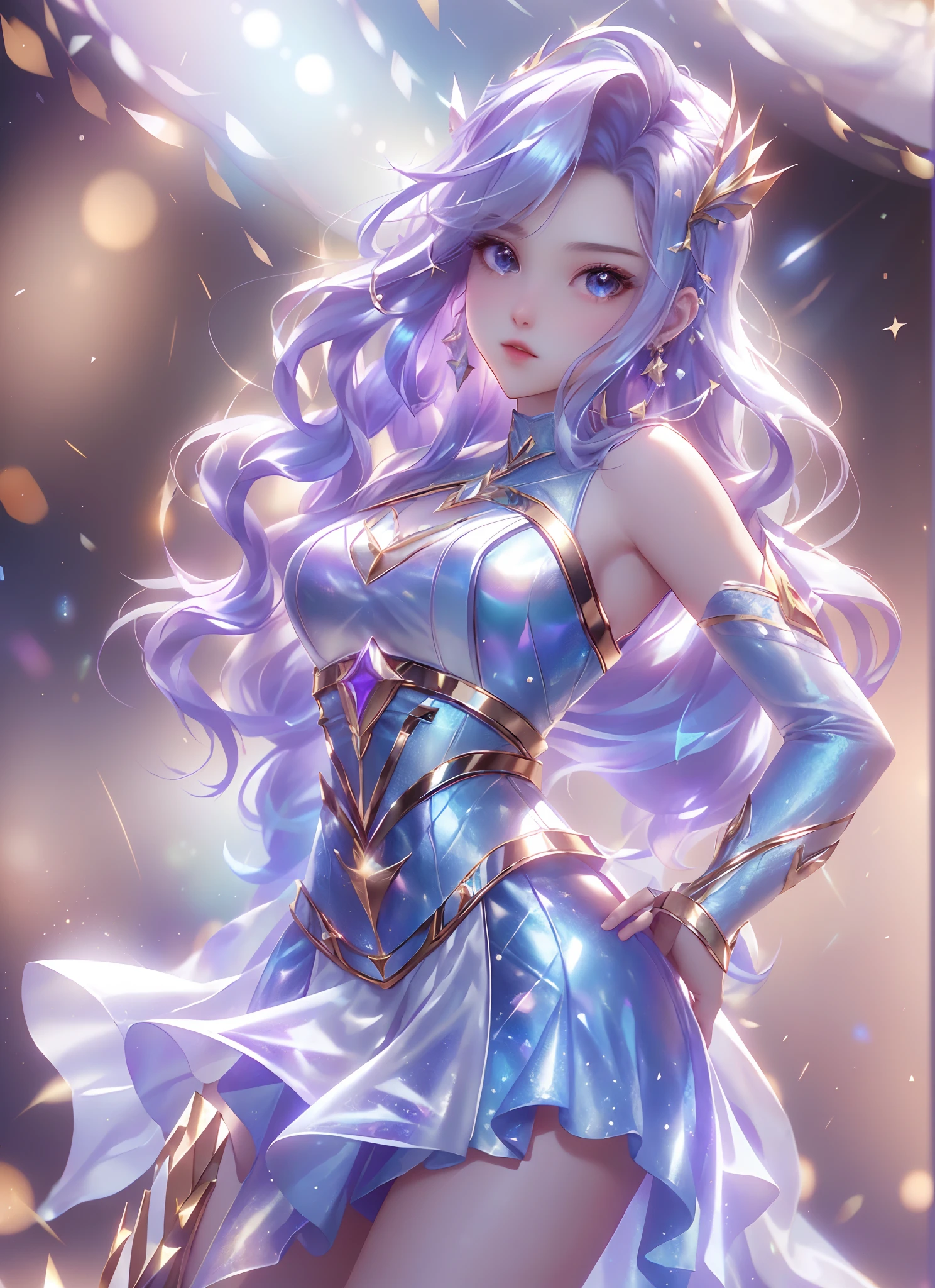 Clean and simple background,（Sing with a microphone：1.5），1girll， K/Da\（league of legend\）， 独奏， long whitr hair， short detailed hair， shift dresses，idoly，Stage costumes，be on stage，Cinematic, concert light, Dynamic Angle, beautiful detailed glow, full bodyesbian, Cowboy shot, dreamy glow， (Bokeh:1.5)，Masterpiece, Super detailed, Epic composition, Highest quality, 4K，