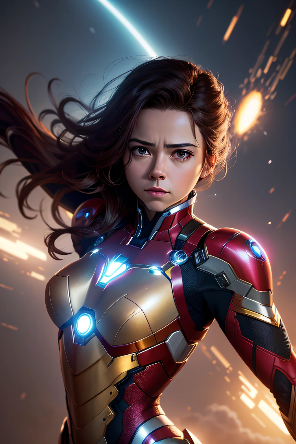 tony stark as a young lady flying in the sky, highly detailed, high resolution, cinematic, bright city background, cinematic lighting, hyperrealistic, 8k