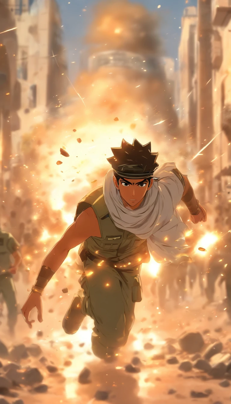 Young Arab man throws stones during the riots，Israeli military police wear helmets and shields ,32K, Best quality, Masterpiece, Super detail, High details, By Makoto Shinkai ,in the style of the stars art group xing xing, --niji 5"