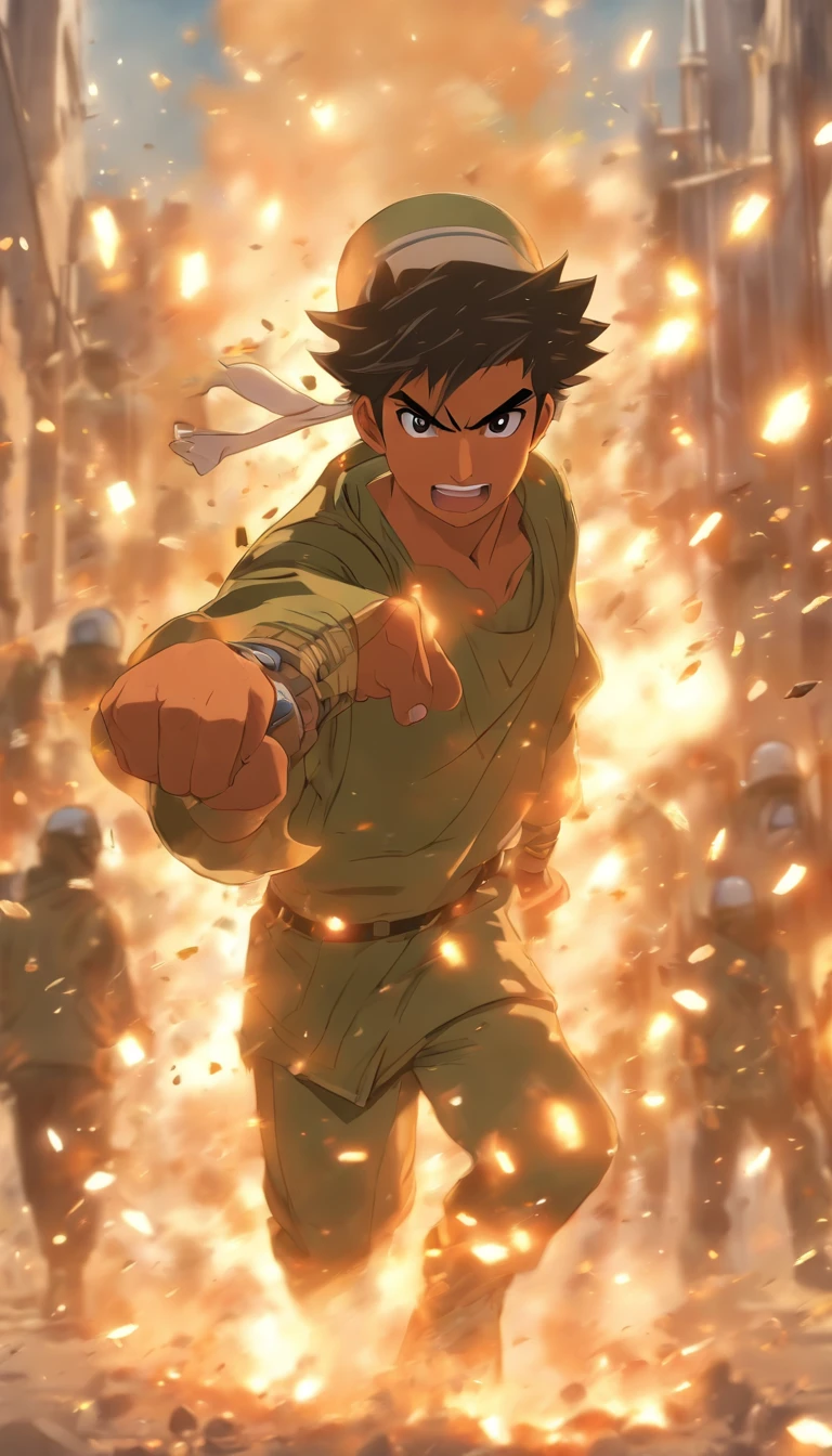 Young Arab man throws stones during the riots，Israeli military police wear helmets and shields ,32K, Best quality, Masterpiece, Super detail, High details, By Makoto Shinkai ,in the style of the stars art group xing xing, --niji 5"