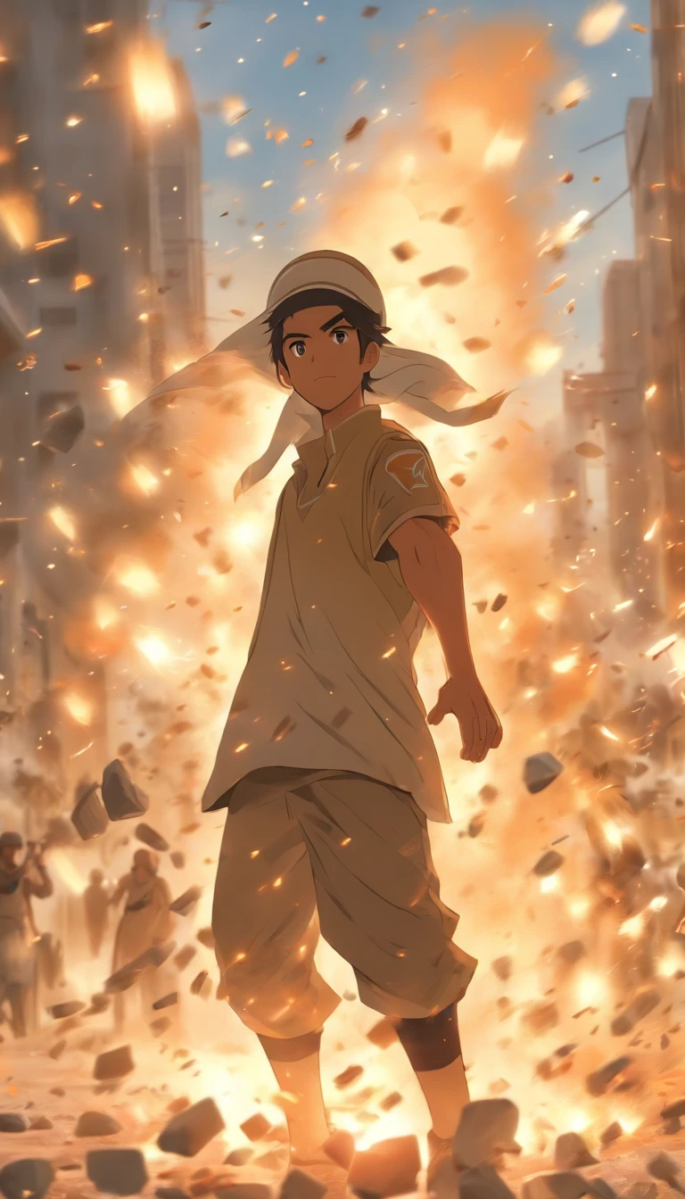 Young Arab man throws stones during the riots，Israeli military police wear helmets and shields ,32K, Best quality, Masterpiece, Super detail, High details, By Makoto Shinkai ,in the style of the stars art group xing xing, --niji 5"
