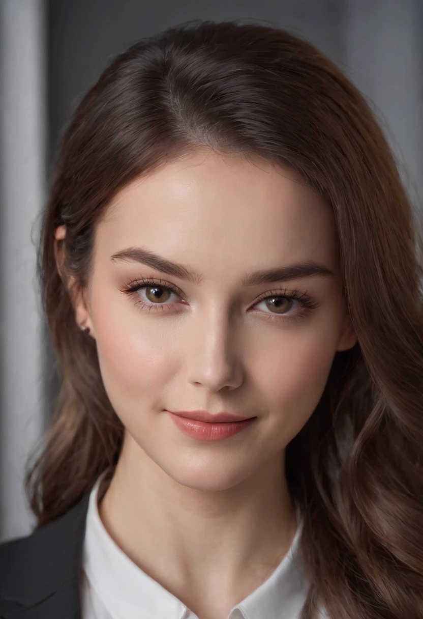 Cinematic portrait , Smiling, Facing the audience,Frontal photo of the upper body，The character is centered (reality :1.3), European and American women look at the camera, Put on an office career suit, Detailed beautiful face, Action shooting, office backdrop,Realistic photos, Art Station Movie Lighting:1.2， 8K, High-density imaging，Master masterpieces