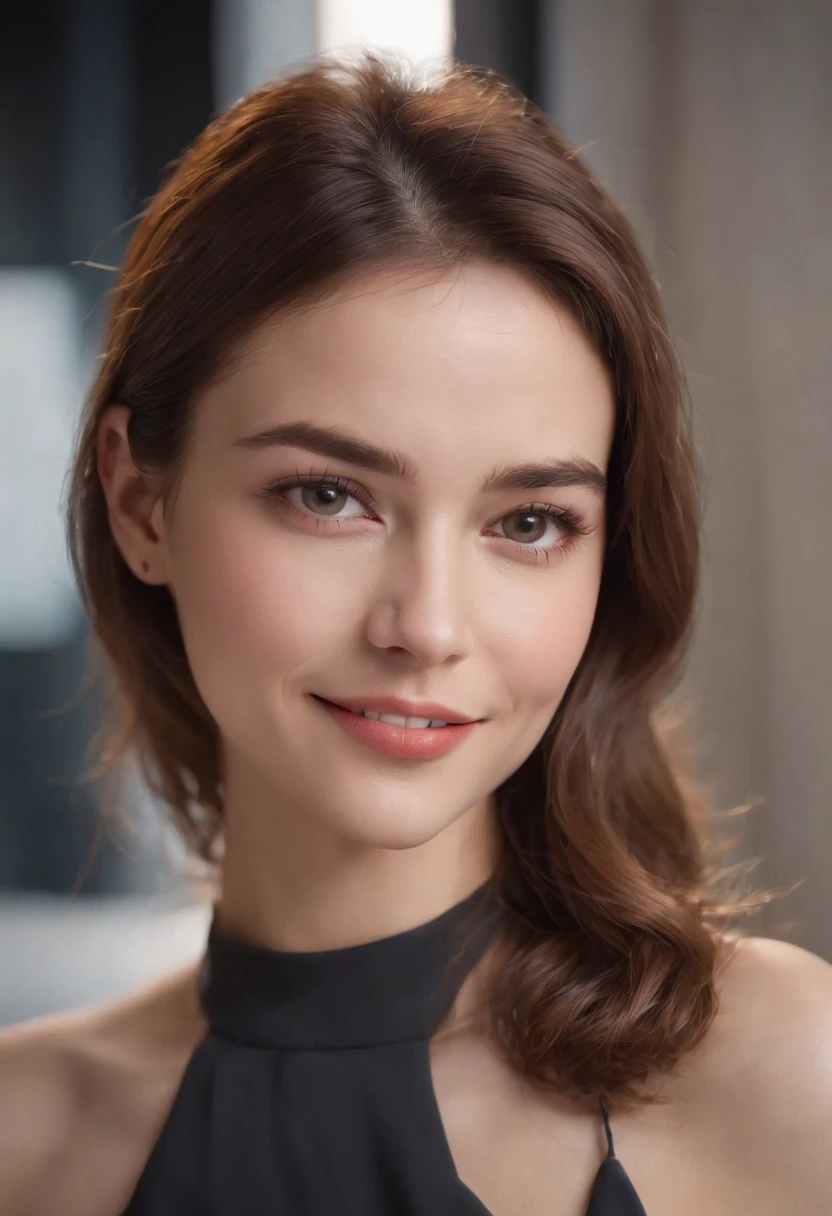 Cinematic portrait , Smiling, Facing the audience,Frontal photo of the upper body,The character is centered (reality :1.3), European and American women look at the camera, Put on an office career suit, Detailed beautiful face, Action shooting, office backdrop,Realistic photos, Art Station Movie Lighting:1.2, 8K, High-density imaging,Master masterpieces