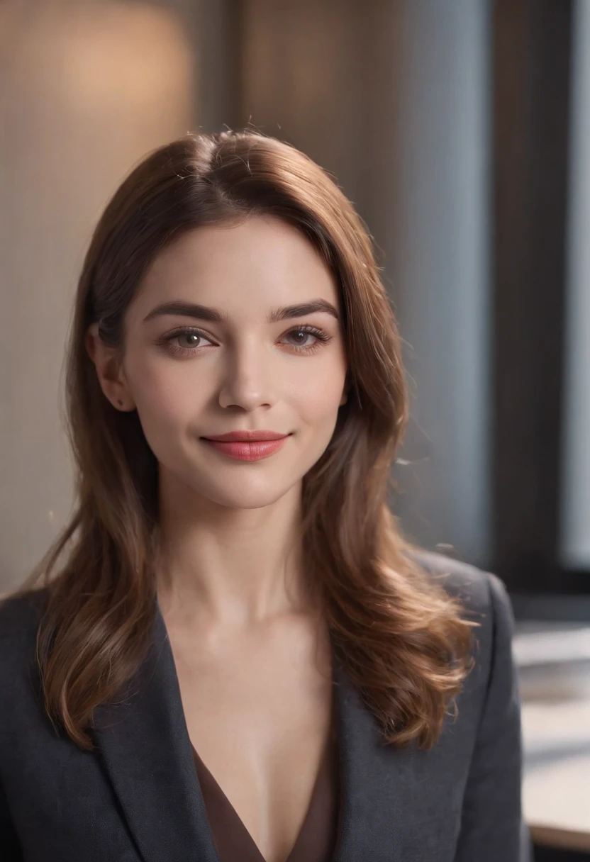 Cinematic portrait , Smiling, Facing the audience,Frontal photo of the upper body，The character is centered (reality :1.3), European and American women look at the camera, Put on an office career suit, Detailed beautiful face, Action shooting, office backdrop,Realistic photos, Art Station Movie Lighting:1.2， 8K, High-density imaging，Master masterpieces