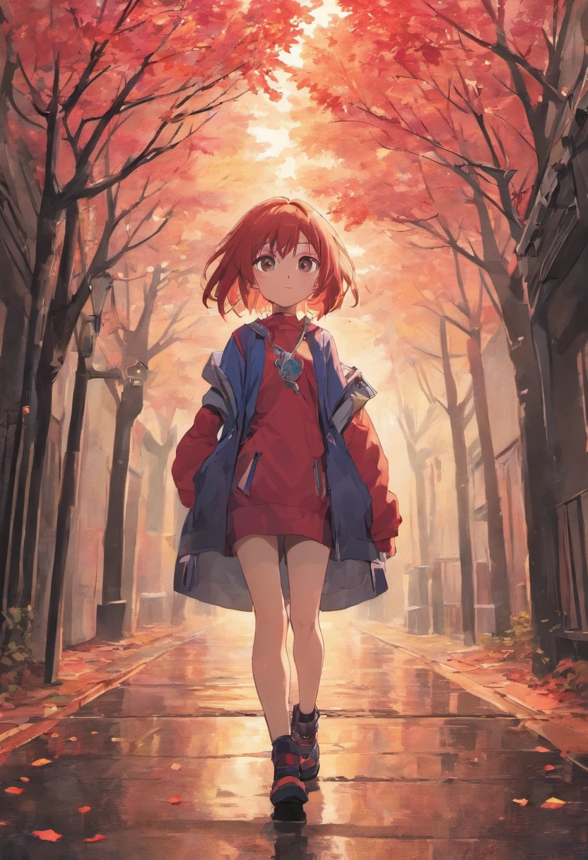 Mountainside,Red House Room,Big maple tree,Clean the pavement,Fallen leaves,autumnal,The back of a girl in purple in the early morning,Light yellow tone,super-fine,Carefully portrayed,high qulity,4K