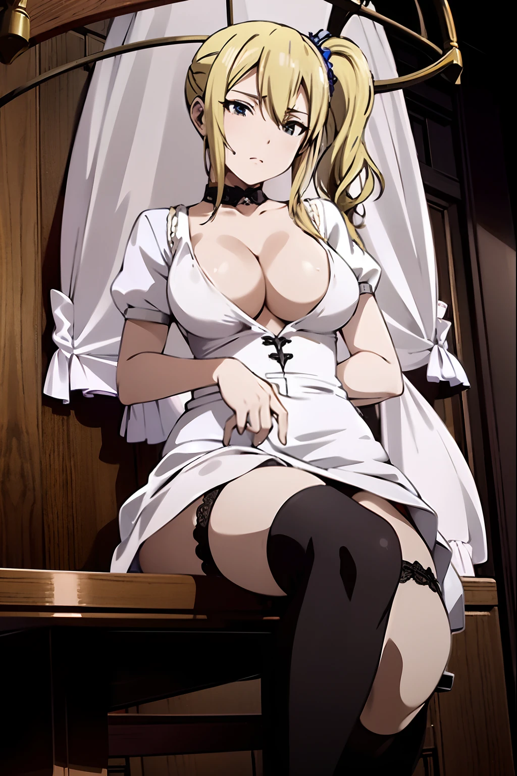 blond haired woman in a maid outfit sitting on a chair, anime girl, 2d anime, hayasaka, cleavage, thighs, stockings, nipples, bare breasts, naked