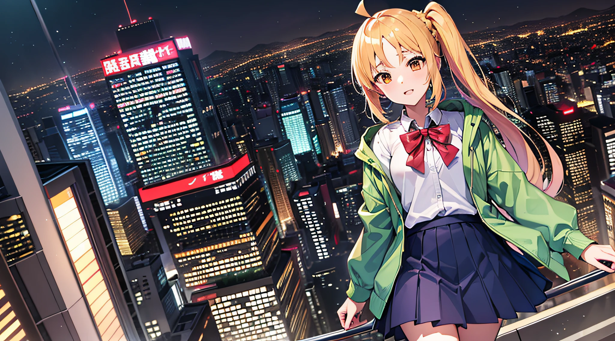 (masutepiece), Best Quality, hight resolution, 4K, 1girl in, Solo, nice hand, in1, Side Ponytail, Long hair, Ahoge, White shirt, School uniform, Blue skirt, Long sleeves, Red bow, White socks, Green jacket,Tokyo city background at night