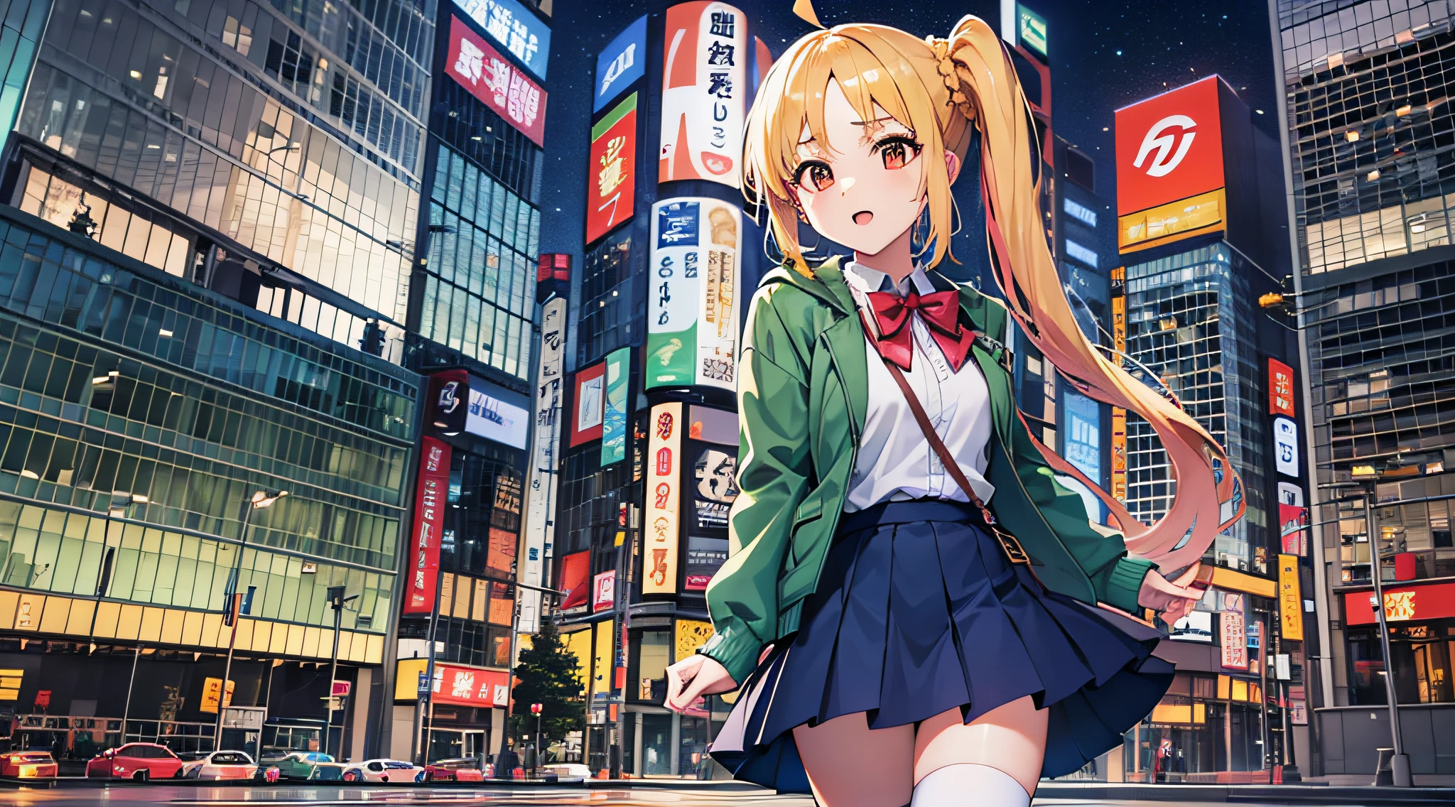 (masutepiece), Best Quality, hight resolution, 4K, 1girl in, Solo, nice hand, in1, Side Ponytail, Long hair, Ahoge, White shirt, School uniform, Blue skirt, Long sleeves, Red bow, White socks, Green jacket,Tokyo city background at night