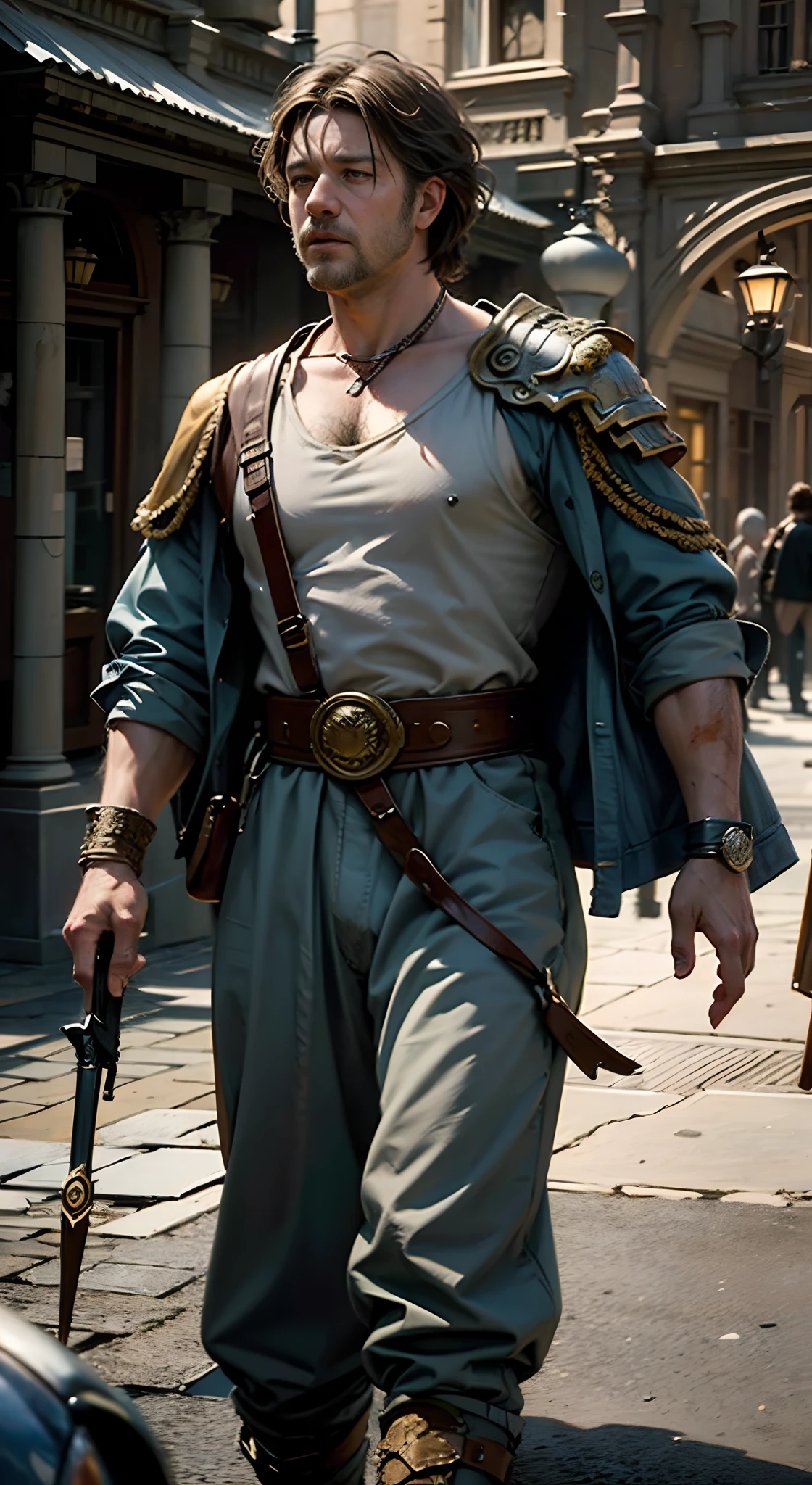 It depicts a general who was a king of the Roman Empire in 180 AD（Man 1.8）Maximus（Russell Crowe（Russell Ira Crowe）adorn），（（He was about 45 years old），Short dark brown hair，Small waves，Bloodstained face，Short hairy beard，Tall, well-proportioned figure，Strong body，Strong muscles，Delicate muscle contours, ），（Fierce，Brave，），8K, High definition, Detailed face, Detailed eyes，Hyper-realistic, + cinema shot + Dynamic composition, Incredibly detailed, Sharpen, Details + Superb details + perfectionism + award winning realism ((Moody lighting))，Vintage style，Correct anatomy，，((Masterpiece,Best quality)), ((Cinematic light)), ((Cinematic composition)),Ultra photo realsisim, fearsome, epic realistic, Faded, ((com cores neutras)), (hdr:1.5), (pastel colour:1.2), ultra - detailed, (Art Station:1.5), Cinematic,  Light effect, Dramaticlight, (Intricate details:1.1), the complex background, (greg rutkovsky:0.8),   Epic, Detailed face, Detailed eyes，Tall, well-proportioned figure，Strong body，