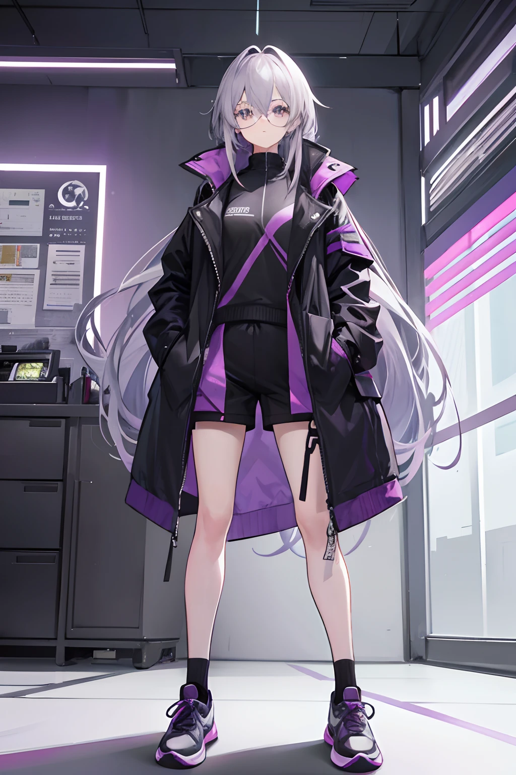 Long pigeon gray hair,Purple green gradient hair,round frame glasses,long coat of black color,Black shorts,athletic sneakers