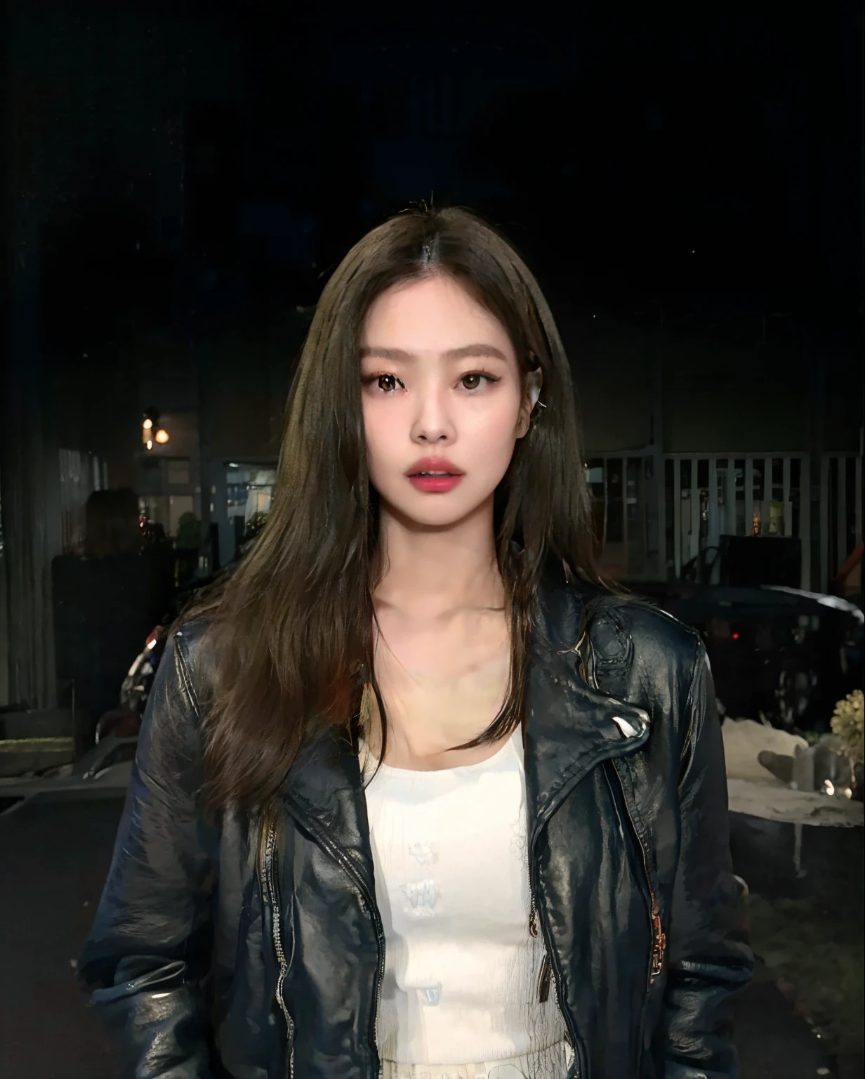 araffe woman in a leather jacket standing in front of a car, blackpink jennie, jossi of blackpink, roseanne park of blackpink, portrait of jossi of blackpink, jaeyeon nam, heonhwa choe, gongbi, ruan jia beautiful!, female actress from korea, jinyoung shin, lee ji-eun, lee ji - eun
