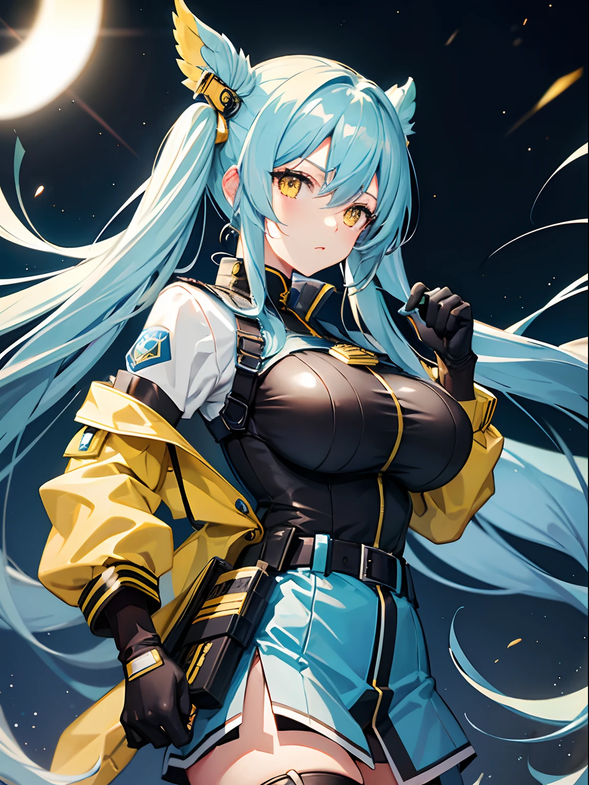 Long Hair, Twintail, Light Blue Hair, Yellow Eyes, Big Boobs, Tight Police Uniform, Nighttime, Holding A Helmet, Wearing Black Gloves