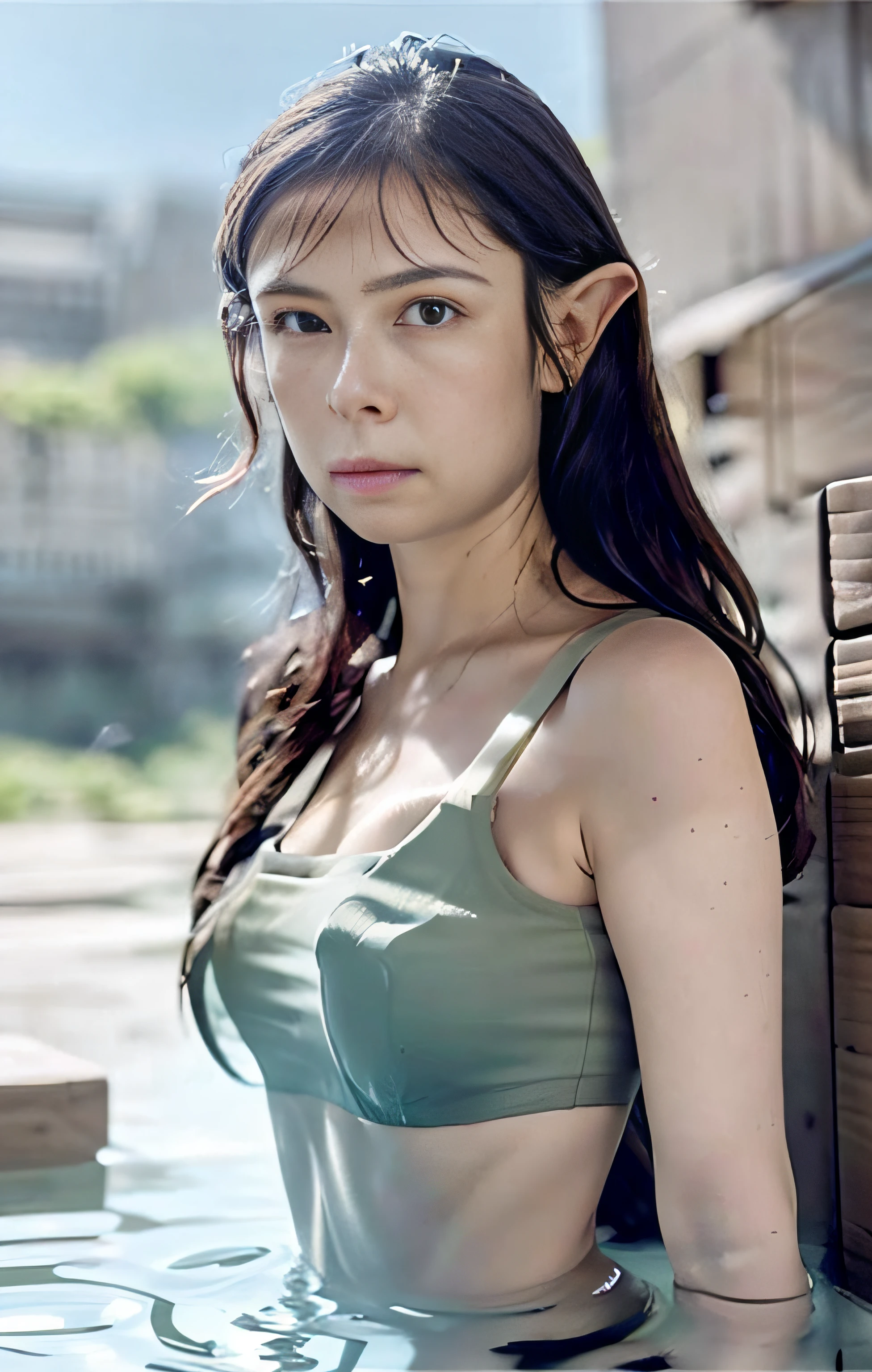 beautiful  Girl, under the water, crystal clear ocean, femme mermaid, long hair flowing, Delicate face, Wet skin, Pronounced feminine features, Bust, Fair skin, Swimming, entire body visible, Smooth face, Scaly arms, scaly neck, elf-ears, Body in the frame
