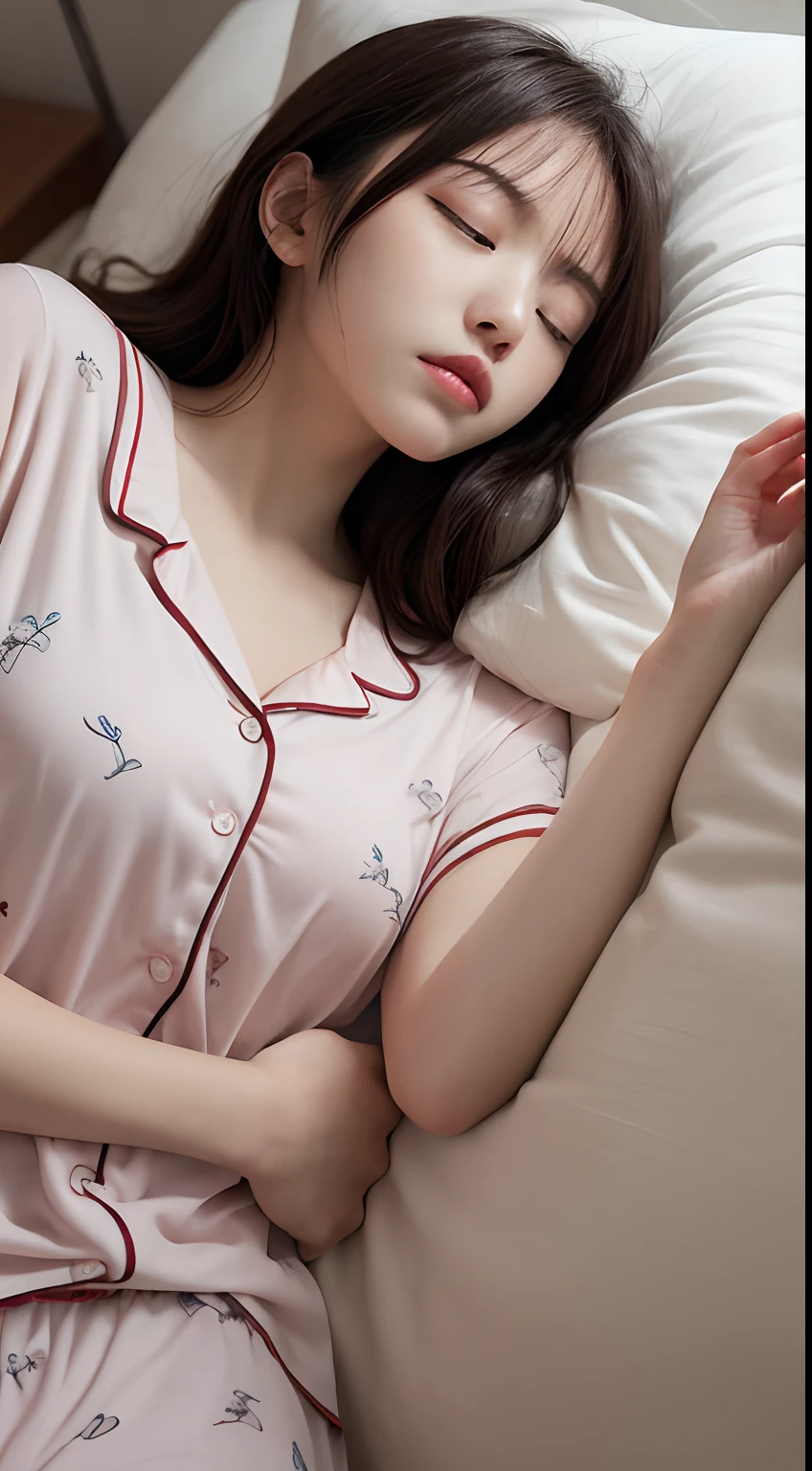 (Best-quality, Masterpiece, Ultra-High-Resolution, (Photorealistic:1.4), Raw Photo, depth of field, professional lighting, perfect anatomy, extremely details), from above, 1girl, 15-years-old, the most famous Japanese idol, on luxurious bed, ((lying on back, head on pillow):1.4), ((amazingly large amount of night sweats, wearing only cute-pajamas soaked with night-sweats):1.3), (((extremely cute sleeping-face, extremely cute closed-eyes)), extremely beautiful short-cut-haired, extremely beautiful skins, realistic skin texture, extremely cute long-eyelashes, extremely cute lips)