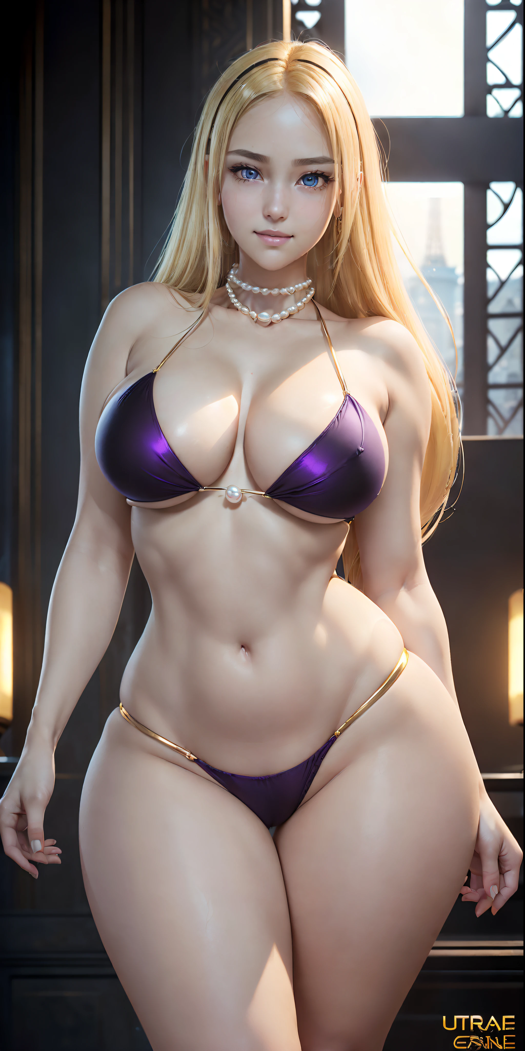 ((Unreal Engine 5)), ((ultra high definition)), ((ultra high resolution)), (full sharpness), (maximum quality), (Cinematic), (8k), ((Golden Blonde girl)), ((purple eyes)), ((extremely beautiful)), ((very chubby)), ((very tall)), (alone), ((full body)), ((ultra detailed face)), ((ultra detailed eyes)), ((black eyes)), (ultra realist eyes), (perfect body), (delicate hands), ((very detailed hands)), (studio lighting), ((back view)), (very happy smile), ((soft skin)), ((smooth skin)), ((pearl skin)), ((very small breasts)), ((very big ass)), ((ultra wide hips)), ((huge hips)), ((ultra wide hip bones)), ((very wide pubis)), ((ultra thick thighs)), ((ultra bubble thighs)), ((ultra fat thighs)), ((ass hanging)), ((extremely thin waist)), ((natural skin)), ((unique)), ((totally realistic)), (so sweet), ((always the same face)), ((repeat always the same face)), ((always the same body)), ((always the same proportions)), ((looking at the camera)), ((Wearing micro bikini)), ((no belly)), ((flat belly)), ((no fat)), ((straight hair)), ((at the top of the eiffel tower)), ((with your back to the camera))