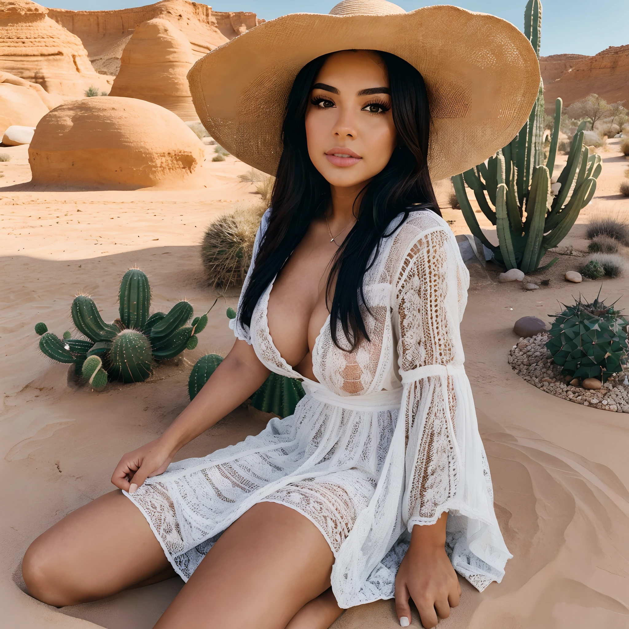 A beautiful 28 Yrs Old Mexican Hispanic Latina female, young, white skin tone, black hair. Eye Color is Brown, Busty, Curvy, lying on floor, posing, wearing a flowy maxi dress, wide-brimmed hat, desert landscape, incorporate cacti and desert flora into the backdrop, Desert Oasis with Cactus Garden setting, day time, photorealistic, alone, very detailed, talking selfie, selfie full body shot