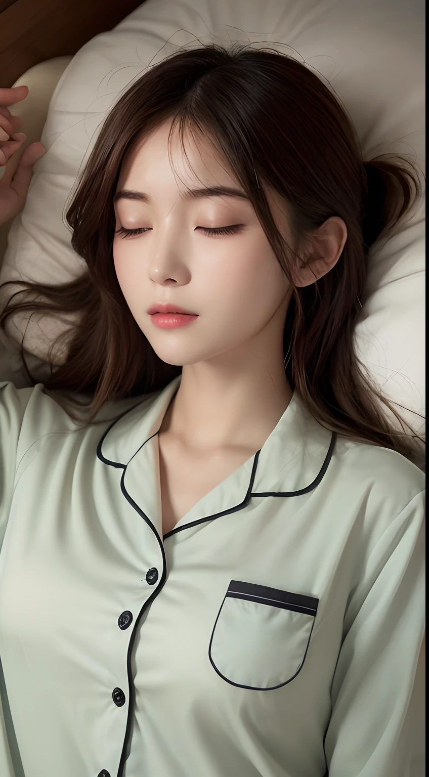 masutepiece, Best Quality, Illustration, Ultra-detailed, finely detail, hight resolution, 8K Wallpaper, Perfect dynamic composition, Beautiful detailed eyes, sleeping face，1人の女性，s Pajamas