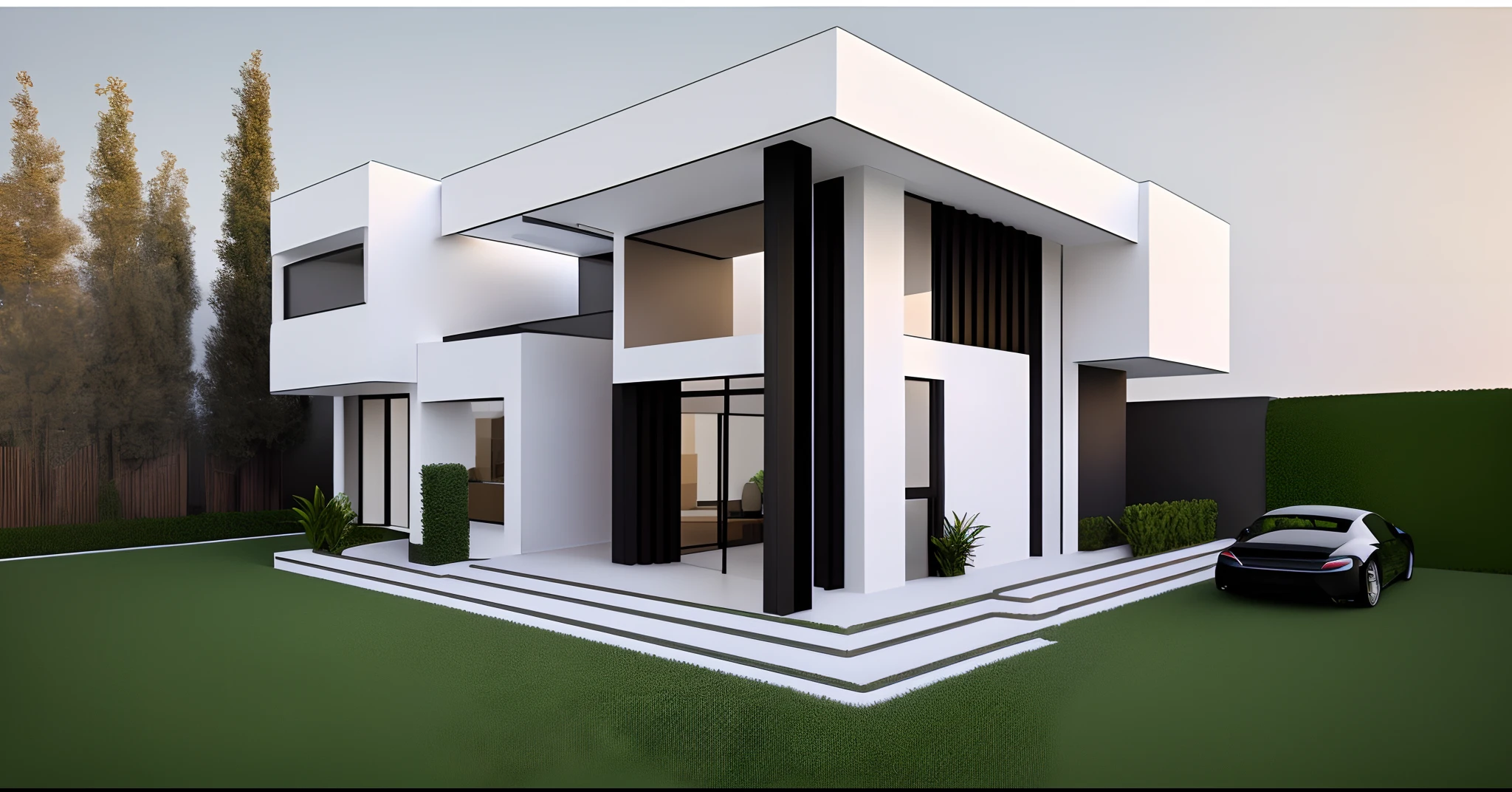 rendering of a modern house with a car parked in front, exterior design, concept house, contemporary house, residential design, frontview, front elevation view, architectural concept, inter dimensional villa, front perspective, modern house, neotraditional modern, front view, front-view, 3/4 view, 3 / 4 view, architectural concepts, all white render, front view dramatic