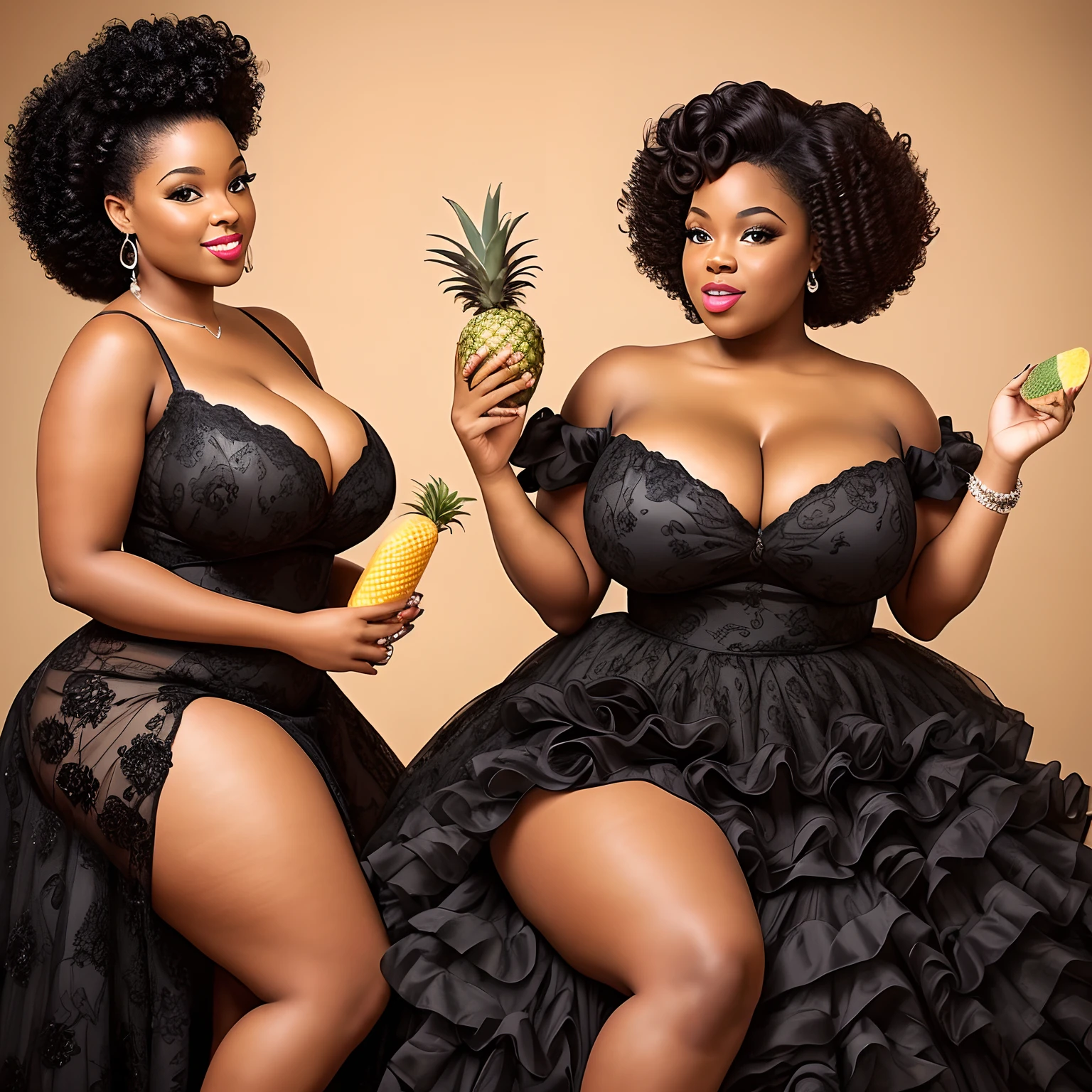 Portrait of a curvy big breasted  black woman, pinup  model, curly hair, ballgown,  vintage. bbw, holding a pineapple,  swinger