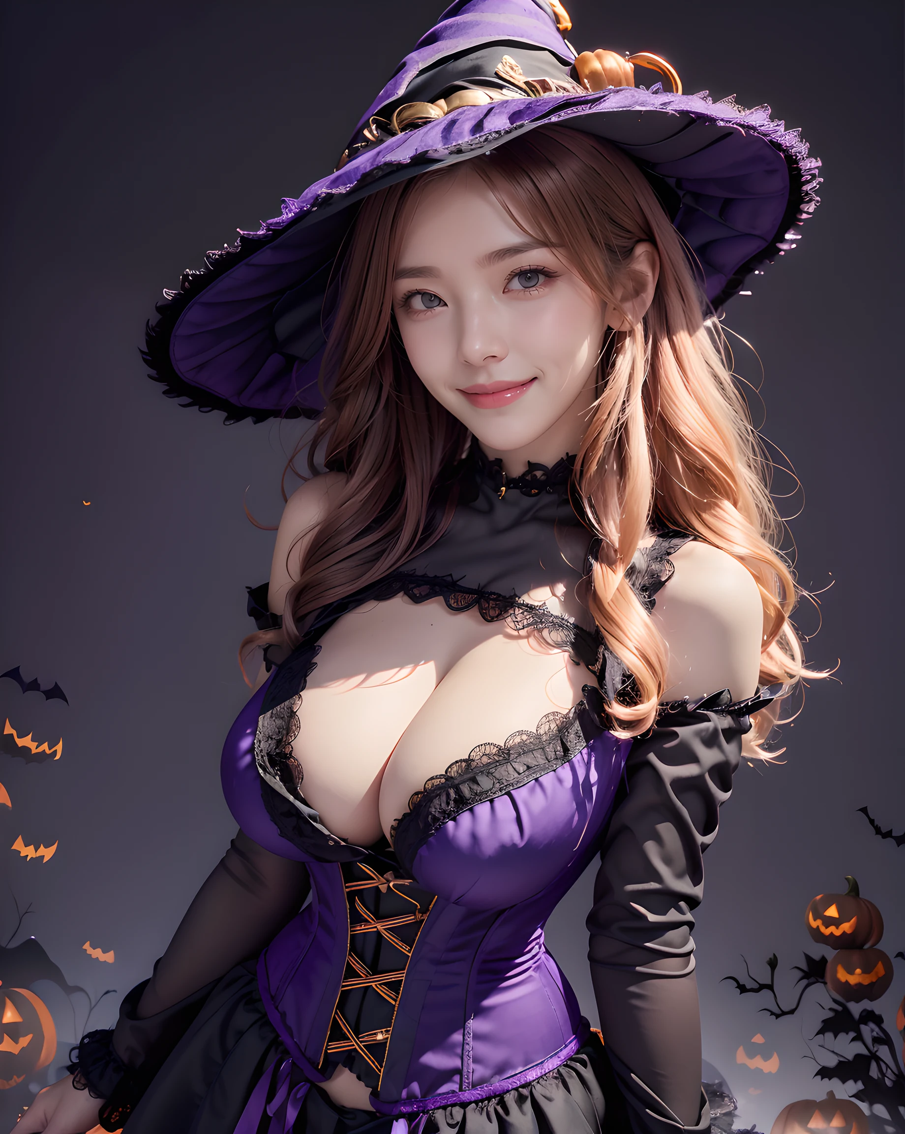 (Halloween theme:1.5), (fantasy:1.5), simple black background:1.5), upper body portrait of a very busty beautiful woman wearing overbust corset, ultra detailed embroidery corset, frilled lacy short skirt:1.3, detailed clothes, (lacy purple witch hat:1.3), BREAK, (;D1.3, happy evil smile:1.2)), perfect face,perfect eyes,HD details,high details,sharp focus,studio photo,HD makeup,shimmery makeup,celebrity makeup, (bust up image:1.5), ((centered image)) (HD render)Studio portrait,magic, magical, fantasy,(huge breasts)(large breasts),(big breasts),(sagging breasts), wavy curly hair:1.3, pink hair:1.3, (front view:1.3), from below, low angle,