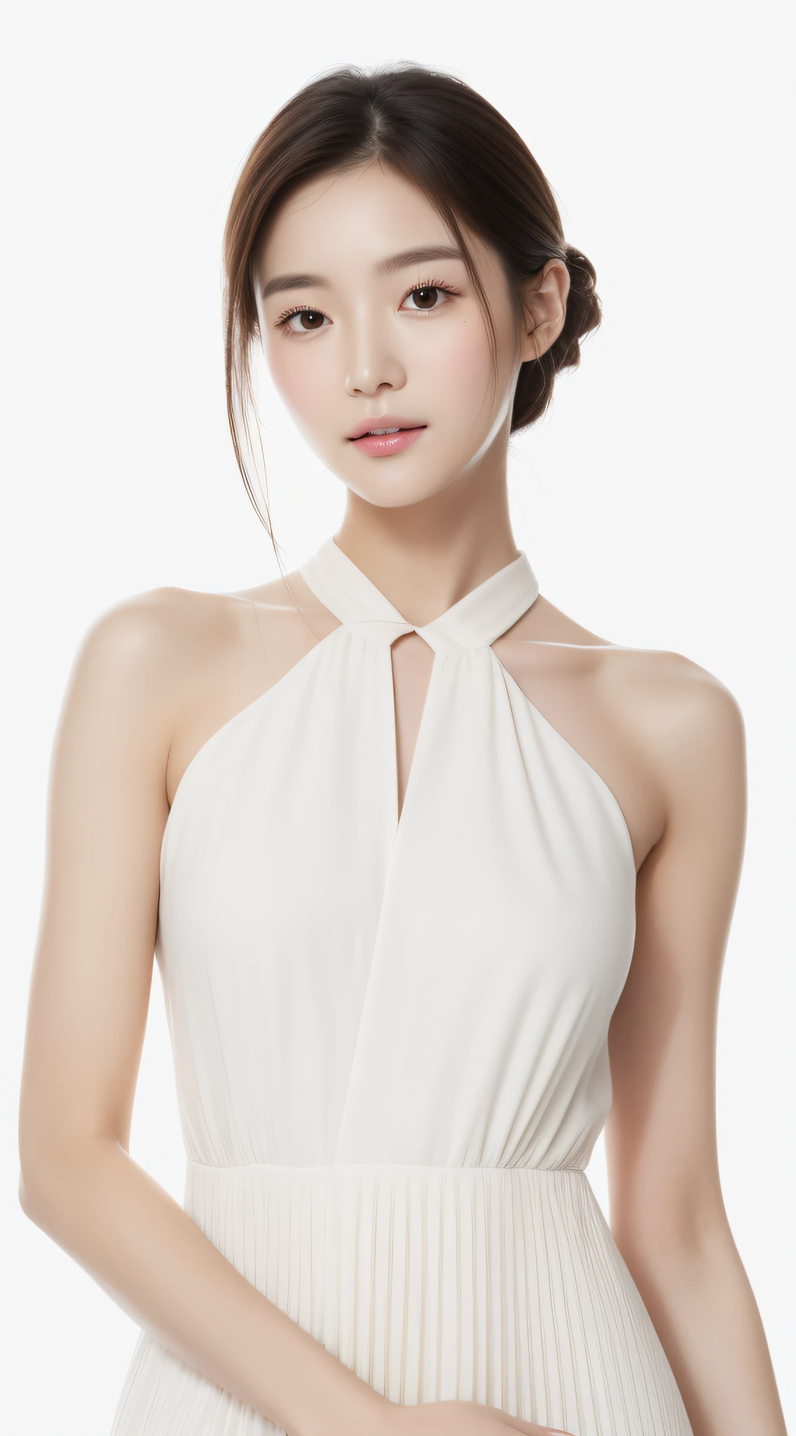 Realistic photo of 1 cute Korean star, Medium hair, Meticulous hair, White skin, thin makeup,,wearing white outfit, Close-up portrait, hyper HD,frontage,Forehead exposed,Full forehead,Don't obscure the character,Model the face,with light glowing,Face the camera head-on,,Youth and beauty,Do not cover your body,The upper part of the body,pale robe,White dress,