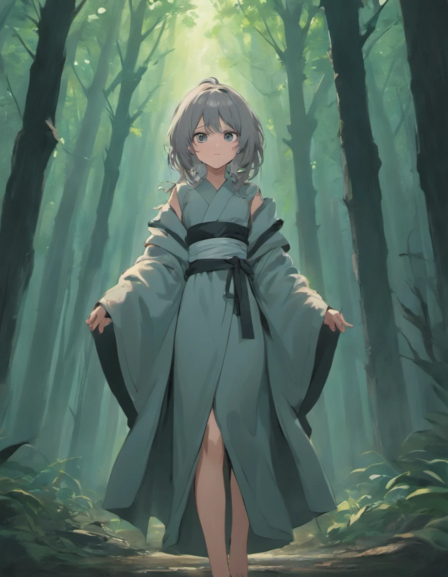 Beautiful girl in gray robe standing in dark forest, epic style, rendering by octane, desert composition, Beautiful face, Hyperrealistic, oil on the canvas, Award-winning, Masterpiece, trending on artstationh, by Ghibli Studio