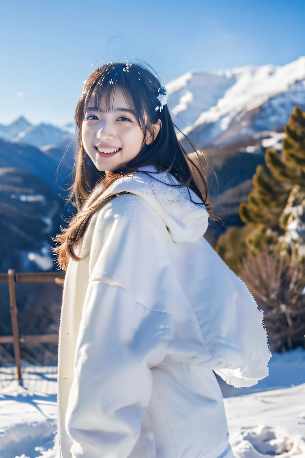 Best Quality, 4K picture quality, 1girl in, white hanfu, Snow, Long hair fluttering in the wind, Healing smile, Large aperture, Snowy mountains in the background,((fullbody image,))