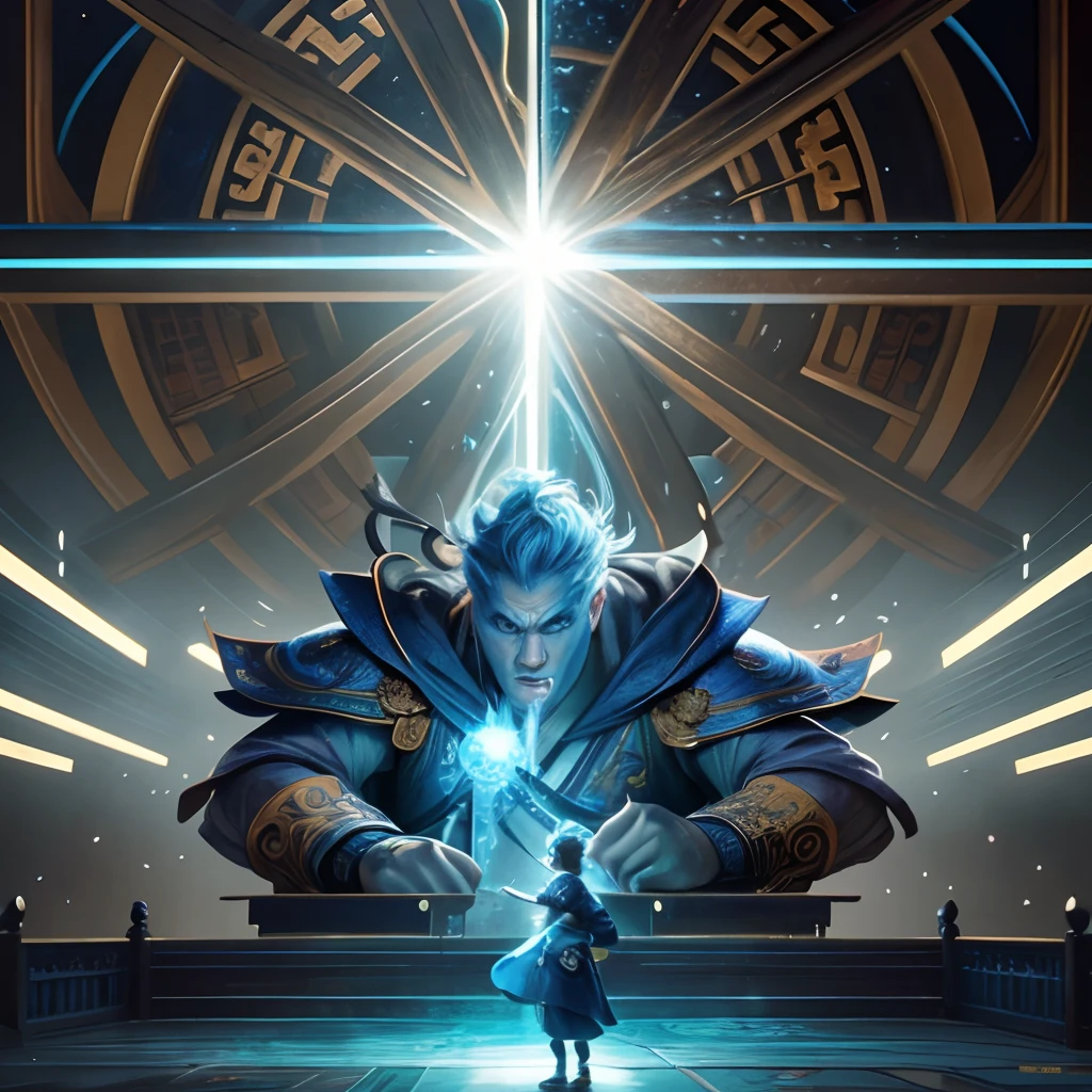 chinese myth,5year oldQVersion of the little girl,（Wide robe）,（Space）,（He stood in front of a huge blue theme transparent mutant Monkey King。。。。。。。：1.4）,（Clean：1.4）,Blue theme,Stretch your hands,draw a sword,The background is the South Gate of Heaven,Tyndall effect,Luminous effects,Animation art style,Romantic graffiti (medium),extremely meticulous,Realism is popular., neo-brutalist style,Bow down,8Kof,Masterpiece,Super Fine,Best quality,8Kof,Masterpiece,Master Works,Detailed,Accurate,Epic Shooting,（Apes：1.5） --auto --s2