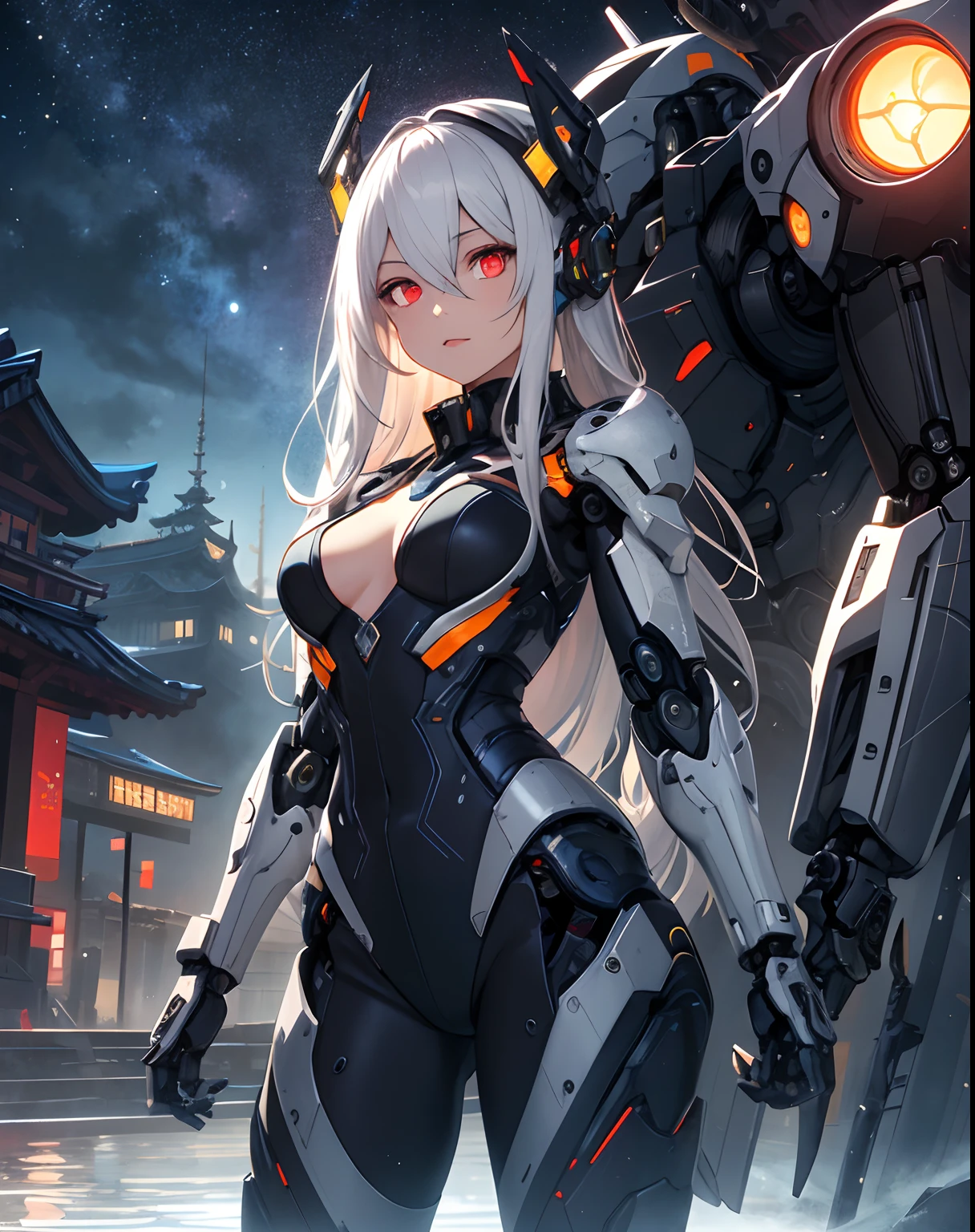 masterpiece,best quality,ultra-detailed,very detailed illustrations,extremely detailed,intricate details,highres,super complex details,extremely detailed 8k cg wallpaper,cowboy shot, caustics,reflection,ray tracing,demontheme,nebula,dark aura,cyber effect, (1girl:1.4),solo,alone,mecha musume,mechanical parts, robot joints,single mechanical arm, headgear, mechanical halo,star halo,intricate mechanical bodysuit, mecha corset, kimono, full armor, very long hair,white hair, hair between eyes, multicolored hair, colored inner hair, red eyes,glowing eye,eye trail, random expressions,random action, ancient japanese architecture,pond, starry sky,skyline,