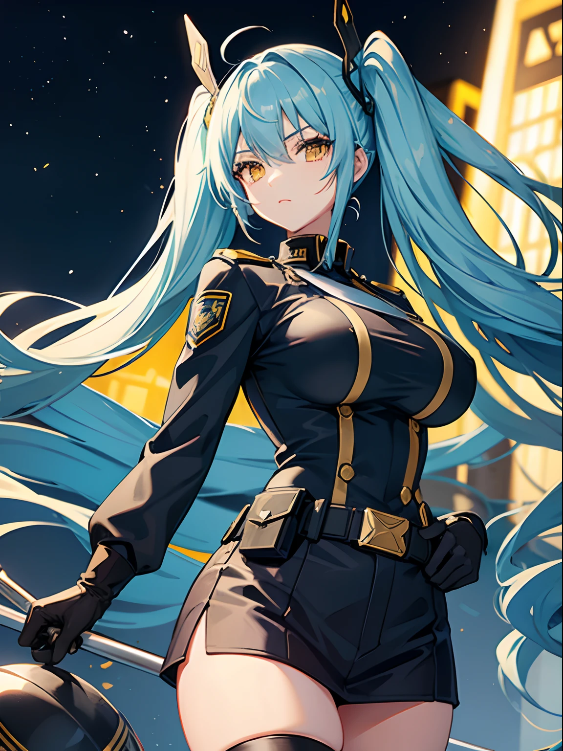 Long Hair, Twintail, Light Blue Hair, Yellow Eyes, Big Boobs, Tight Police Uniform, Nighttime, Holding A Helmet, Wearing Black Gloves