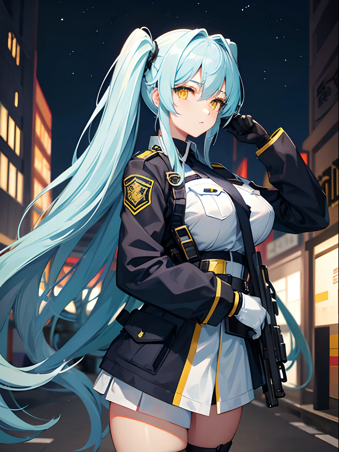 Long Hair, Twintail, Light Blue Hair, Yellow Eyes, Big Boobs, Tight Police Uniform, Nighttime, Holding A Helmet, Wearing Black Gloves
