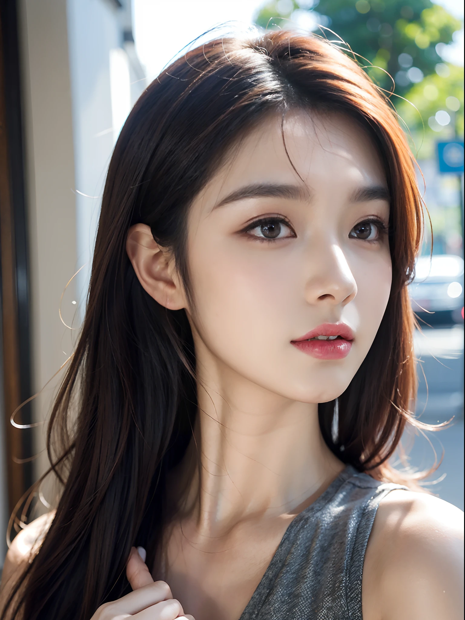 Korean pop idol style, beautifull face, 20 years old korean, Solo_femele, portrait of a, high resolucion,Best Quality,,face up, Alley background, View All