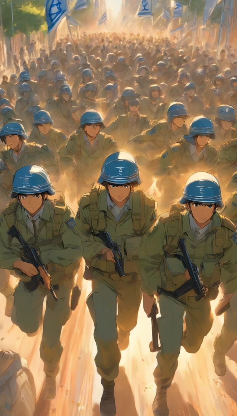 ,Israeli gendarmes, wearing helmets and shields, pursued Arab men wearing Arab headscarves,32K, Best quality, Masterpiece, Super detail, High details, By Makoto Shinkai ,in the style of the stars art group xing xing, --niji 5"