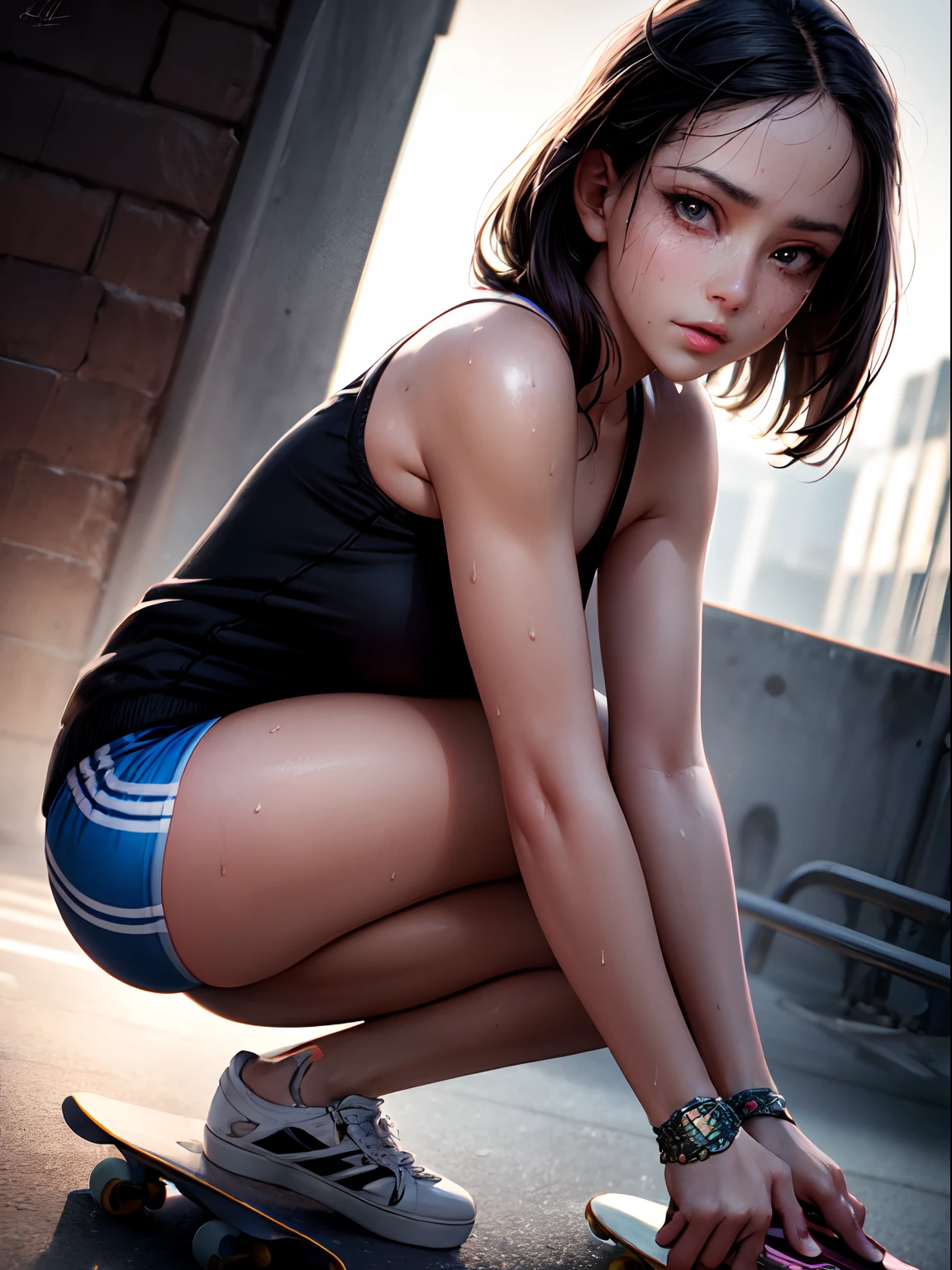 Best Quality, masutepiece,  High resolution, (Photorealistic:1.4), Raw photo, 1 beautiful girl ,Dynamic Angle,Female　Professional skateboarder ,small head, Glowing skin, Sweat,At the skateboarding venue,(Detailed beautiful face:1.4),detailed skins,Detailed eyes,detailed hairs,Cool,Beautiful,nice legs,