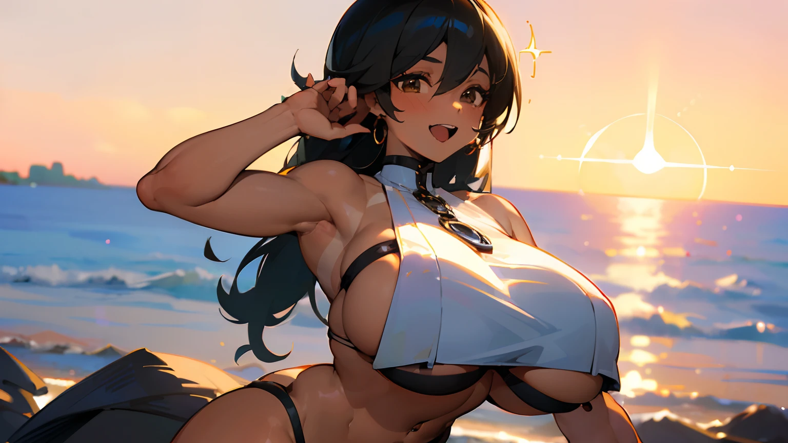 ((top-quality、8K,masterpiece:1.3))、foco nítido:1.2、(Beautiful woman with perfect body shape:1.4),A slight smil,silber hair、 (abdominals:1.2),((huge-breasted:1.4))、(Sway Back Stance:1.3),Kanzashi、(Fluffy bikini:1.1)、(piercings:1.3)、wine bottle、Beautiful sunset beach、Highly detailed facial and skin texture、A detailed eye、二重まぶた、(Huge breasts:1.3),(Big ass),(thick thight:1.3),Open mouth and happy smile,(Brown skin tone:1.4),(skin tanned:1.4)、5Fingered hand、Perfect light、Climax face and ecstatic face,,Beautiful and sparkling sea、Skysky