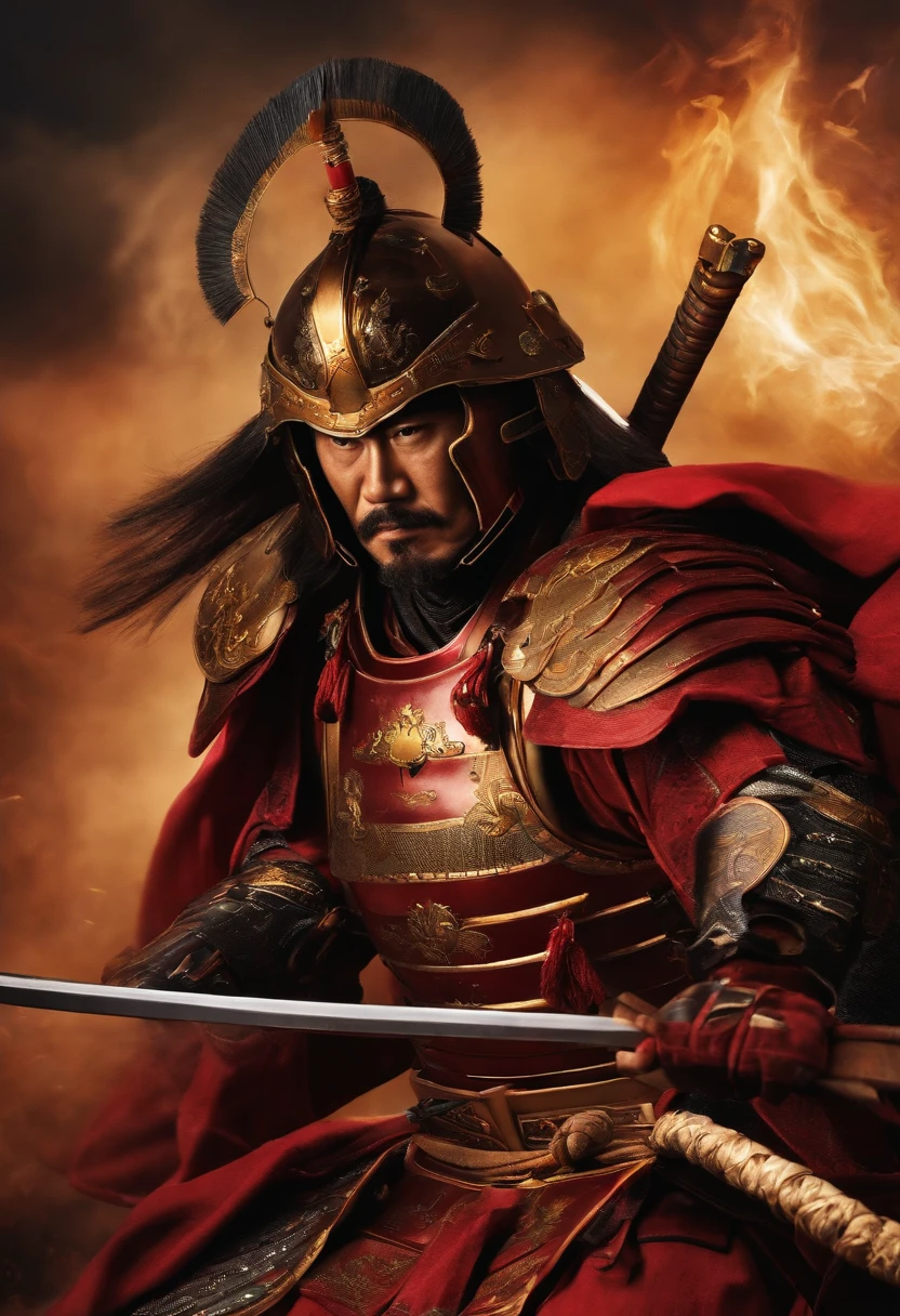 Visualize a powerful samurai in the midst of an important historical moment, displaying their skill and bravery as they make a decisive move that will change the course of history