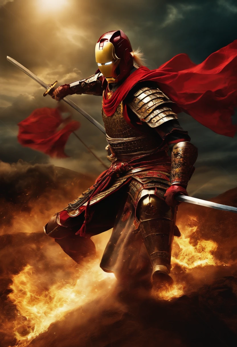 Japanese samurai warriors are fighting Iron Man.