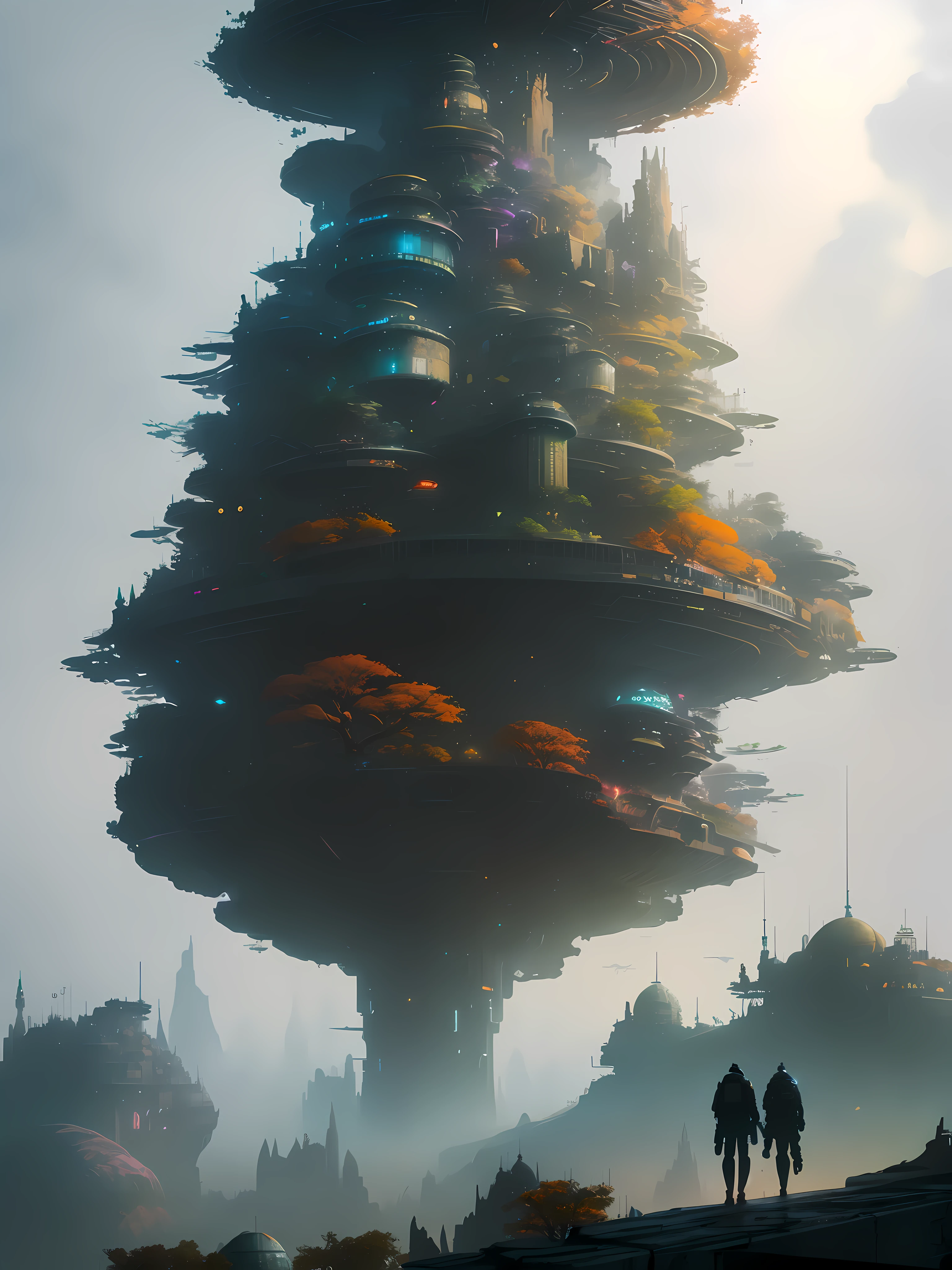 watercolor,colourful,Autumn,futuristic city with a giant tower and people walking on a hill, paul lehr and beeple, inspired by Paul Lehr, bastien grivet, 3 d render beeple, beeple and jean giraud, mystical sci-fi concept art, cyberpunk tree house, concept art 4k, concept art 4 k, in fantasy sci - fi city
