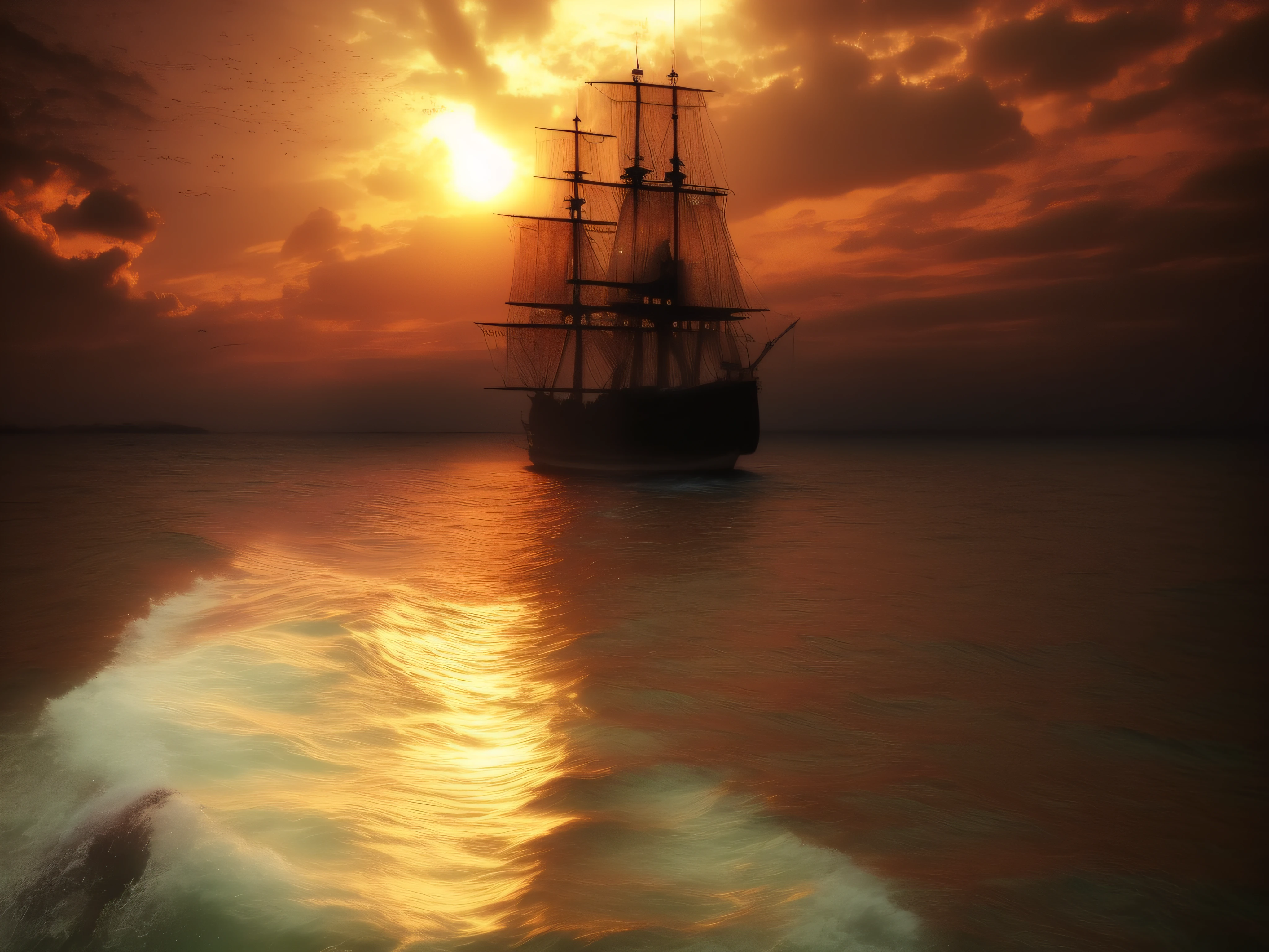 there is a ship that is sailing in the water at sunset, old pirate ship, sailing ship, ship, gothic ship on ocean, pirate ship, a ship on a deserted island, ships, galleon, on a pirate ship background, sailing ships, ship at sea, in the sunset, at the sunset, beautiful scene, at sunset, pirate ships at war at night