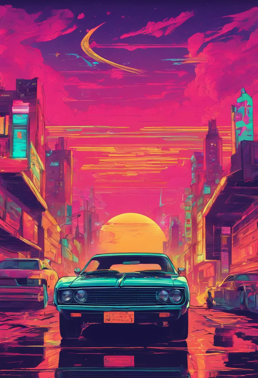Top-down view of a vintage American muscle car, Anime style from the 90s, detailed anime art, Retro anime art from the 90s, Detailed depiction of a traditional beetle shade anime, Art with a retro vibe, Nostalgia, Dynamic lighting, Clean and clear details, Art with a sense of movement, hight contrast, Bold and lively compositions