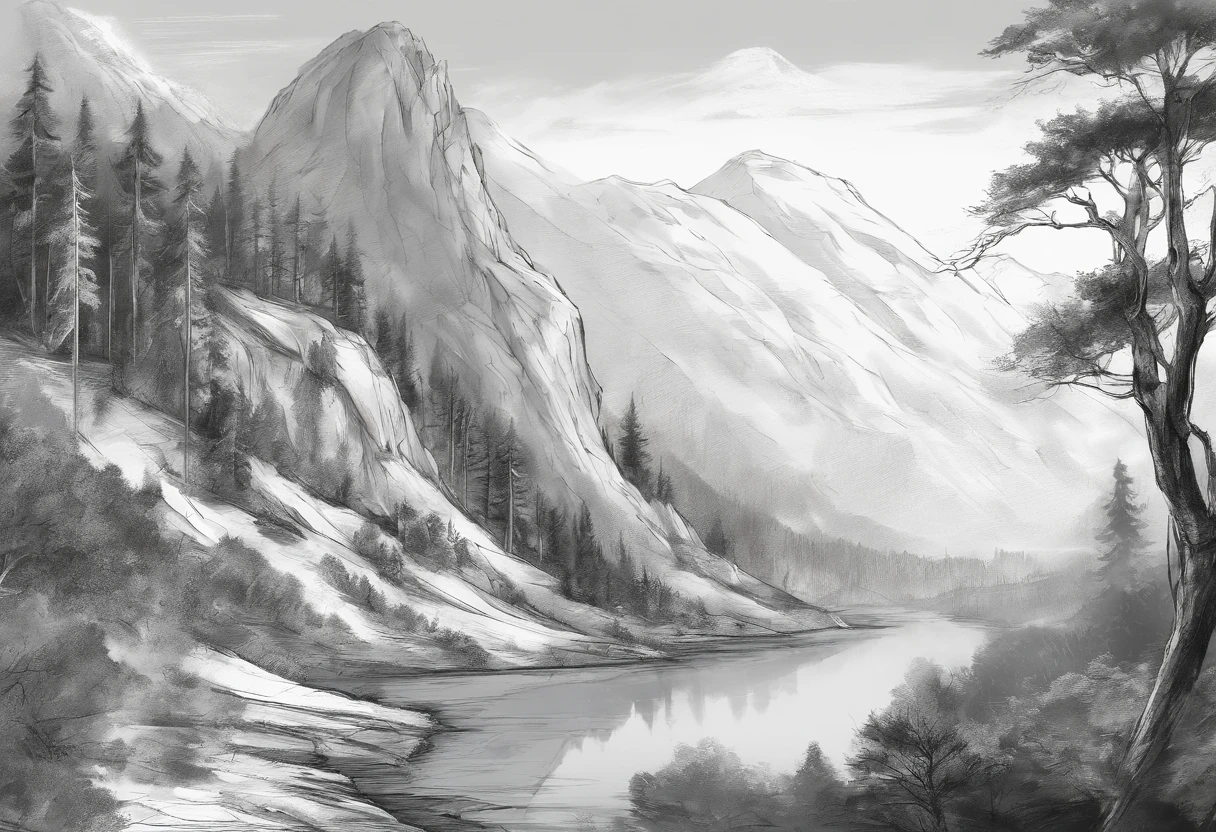 A white wolf mountain landscape, Deciduous forest, precipice, River, charcoal sketch, Very detailed and detailed