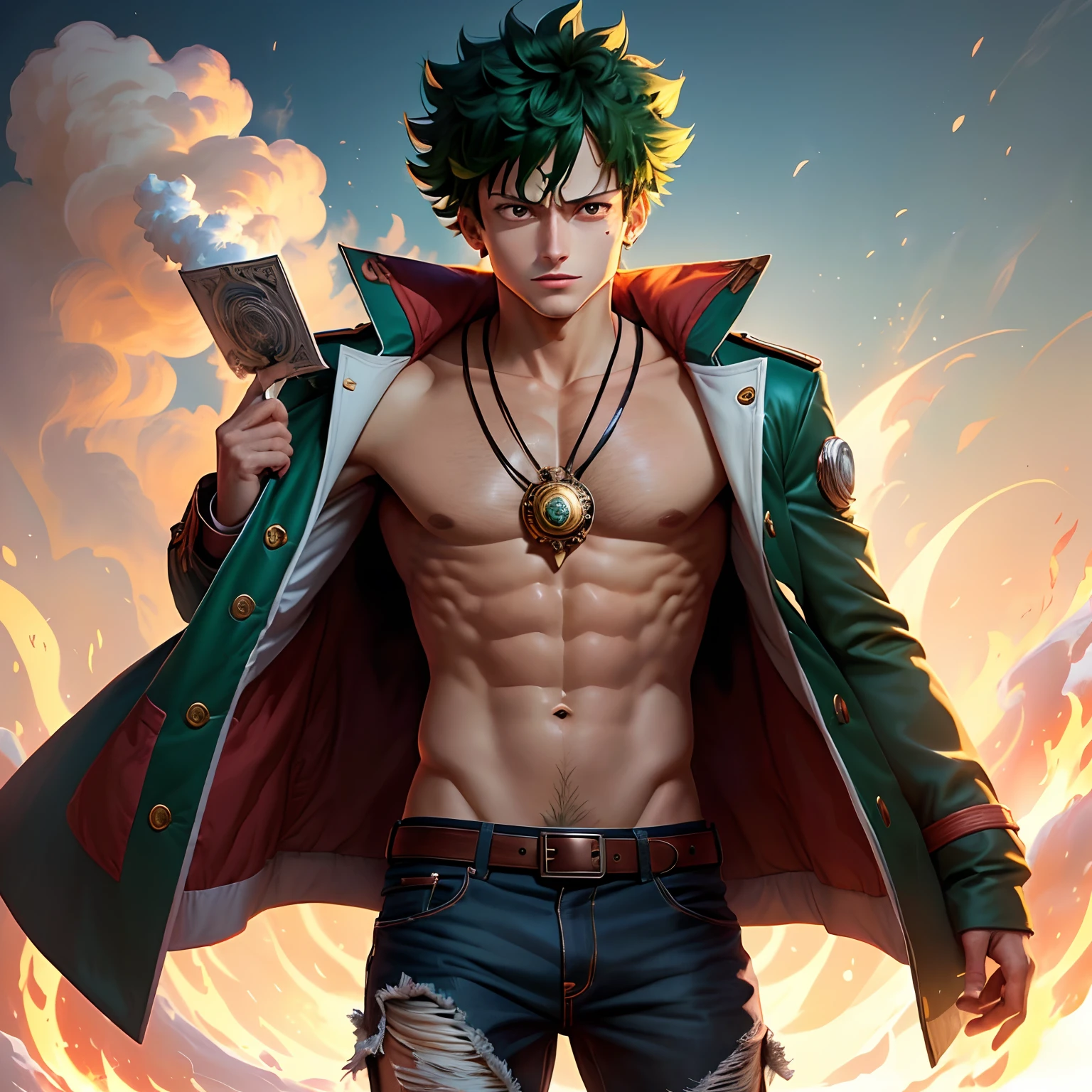 Midoriya com roupa do portgas d ace usando seus poderes de fogo