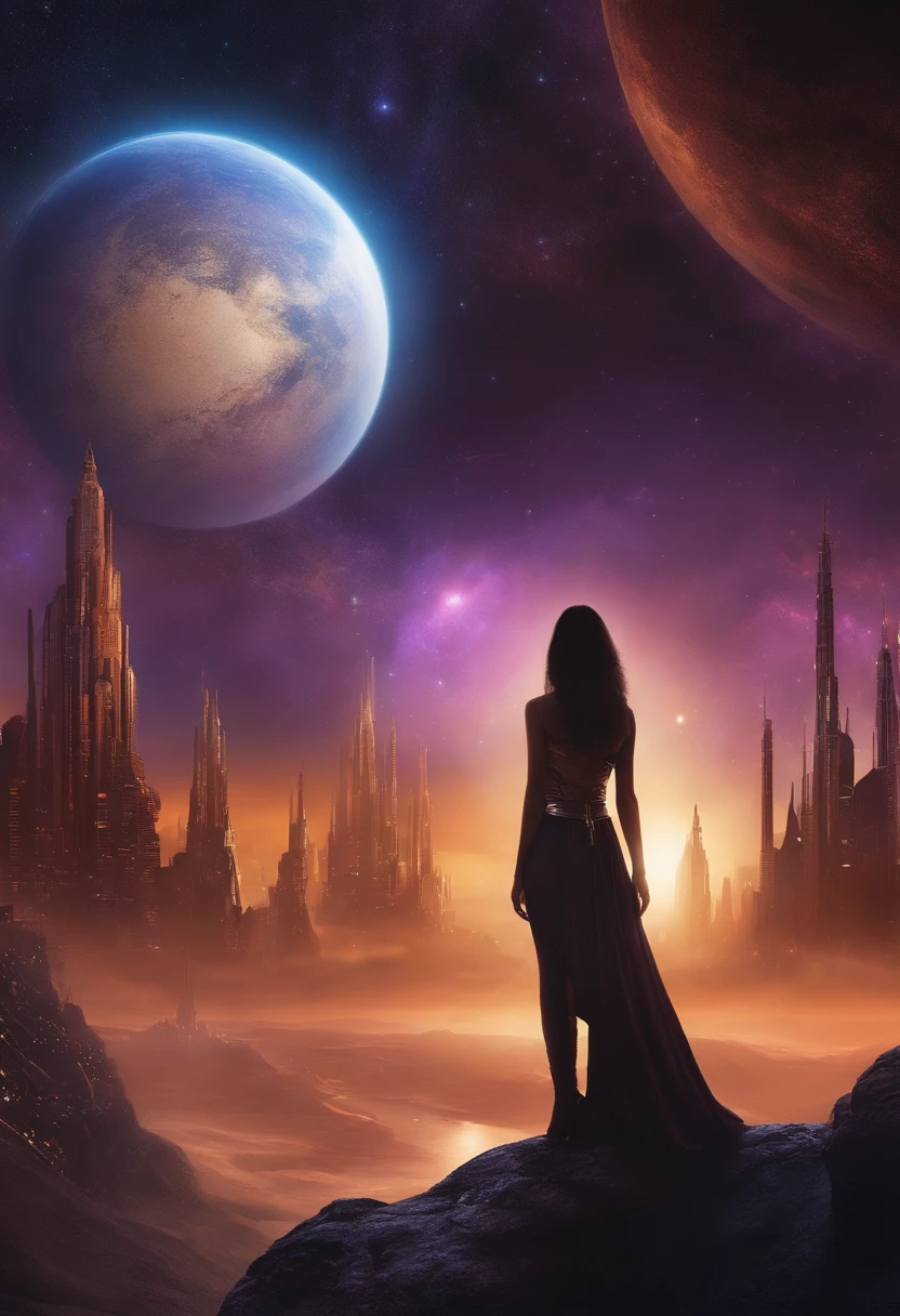 there is a woman standing in front of a painting of a planet, futuristic city in background, psytrance artwork, interconnected human lifeforms, panoramic view of girl, progressive rock album cover, dream of the endless, star dust, galaxy, stoner rock --ar 16:9 --v 5.1