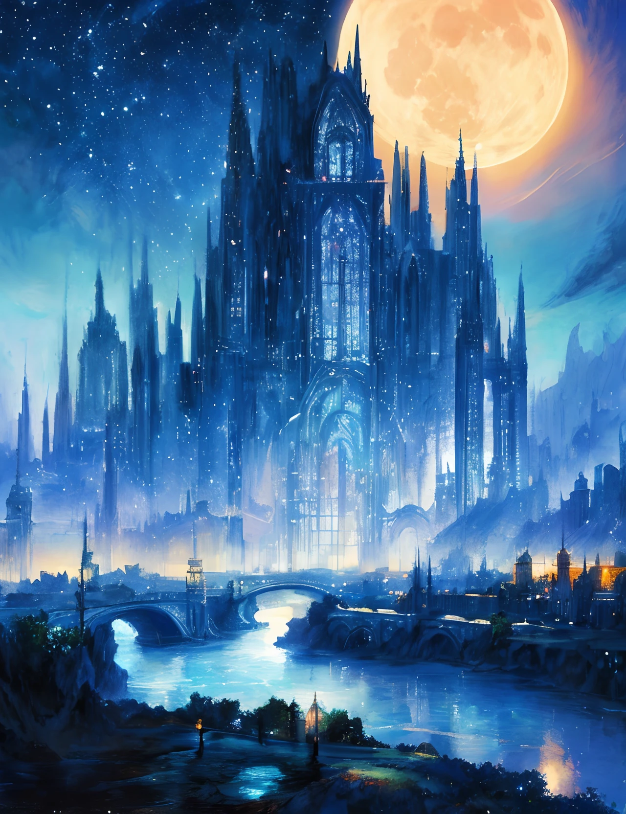 the met、Painting of a river with stars and moon in the sky、the met、Shining skyscrapers、Shine across the board、Skyscrapers、Concept art inspired by Mitsuoki Tosa、pixiv contest winners、top-quality、Fantasyart、beautiful anime scene、Bright moon、Moonlit star environment、Dream painting、Anime Background Art、Fantasy landscape art、fantasy knight、anime backgrounds、background artwork、Fantastic art、atmospheric anime、starrysky、Detail has been enhanced。