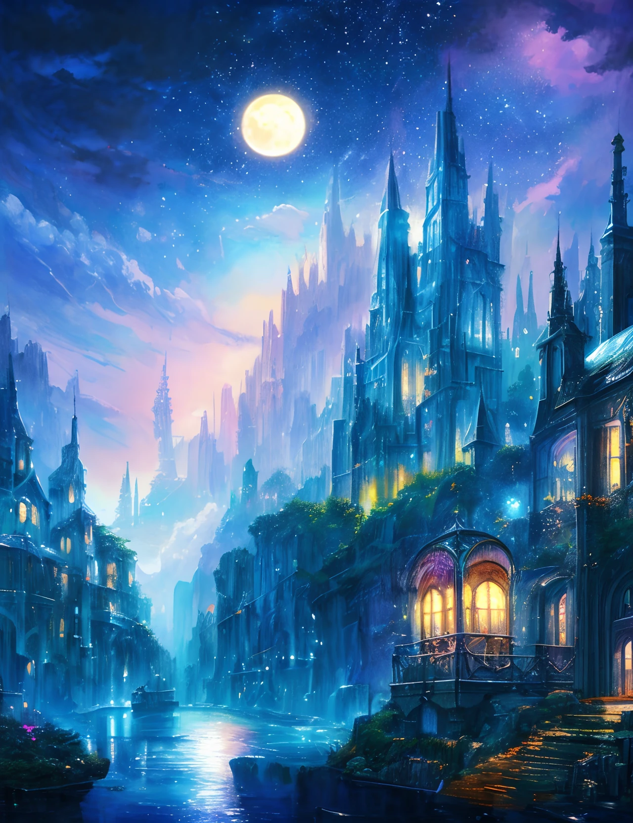 the met、Painting of a river with stars and moon in the sky、the met、Shining skyscrapers、Shine across the board、Skyscrapers、Concept art inspired by Mitsuoki Tosa、pixiv contest winners、top-quality、Fantasyart、beautiful anime scene、Bright moon、Moonlit star environment、Dream painting、Anime Background Art、Fantasy landscape art、fantasy knight、anime backgrounds、background artwork、Fantastic art、atmospheric anime、starrysky、Detail has been enhanced。