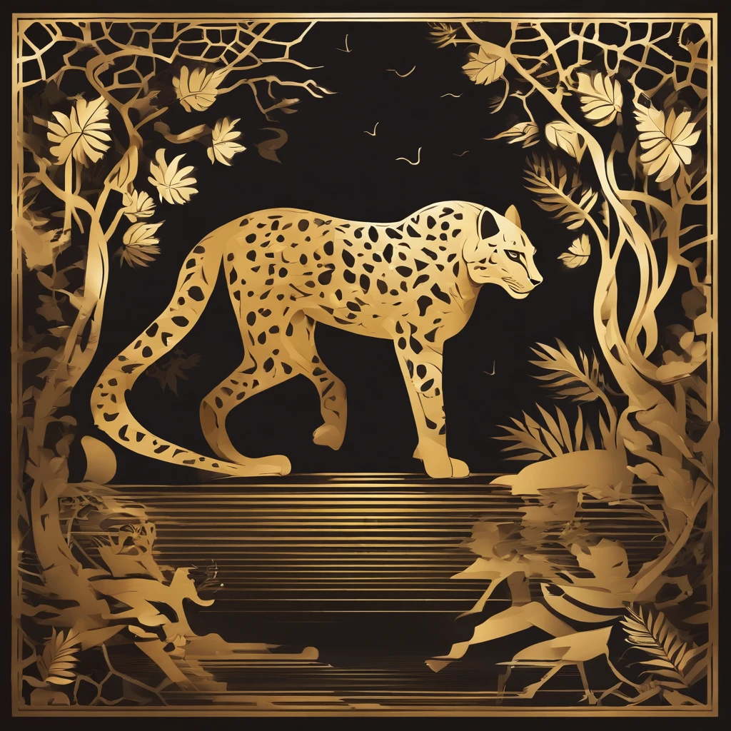a golden shiny cheetah spirit walking sideway, angry eyes, snake tail, fantasy forest, dark