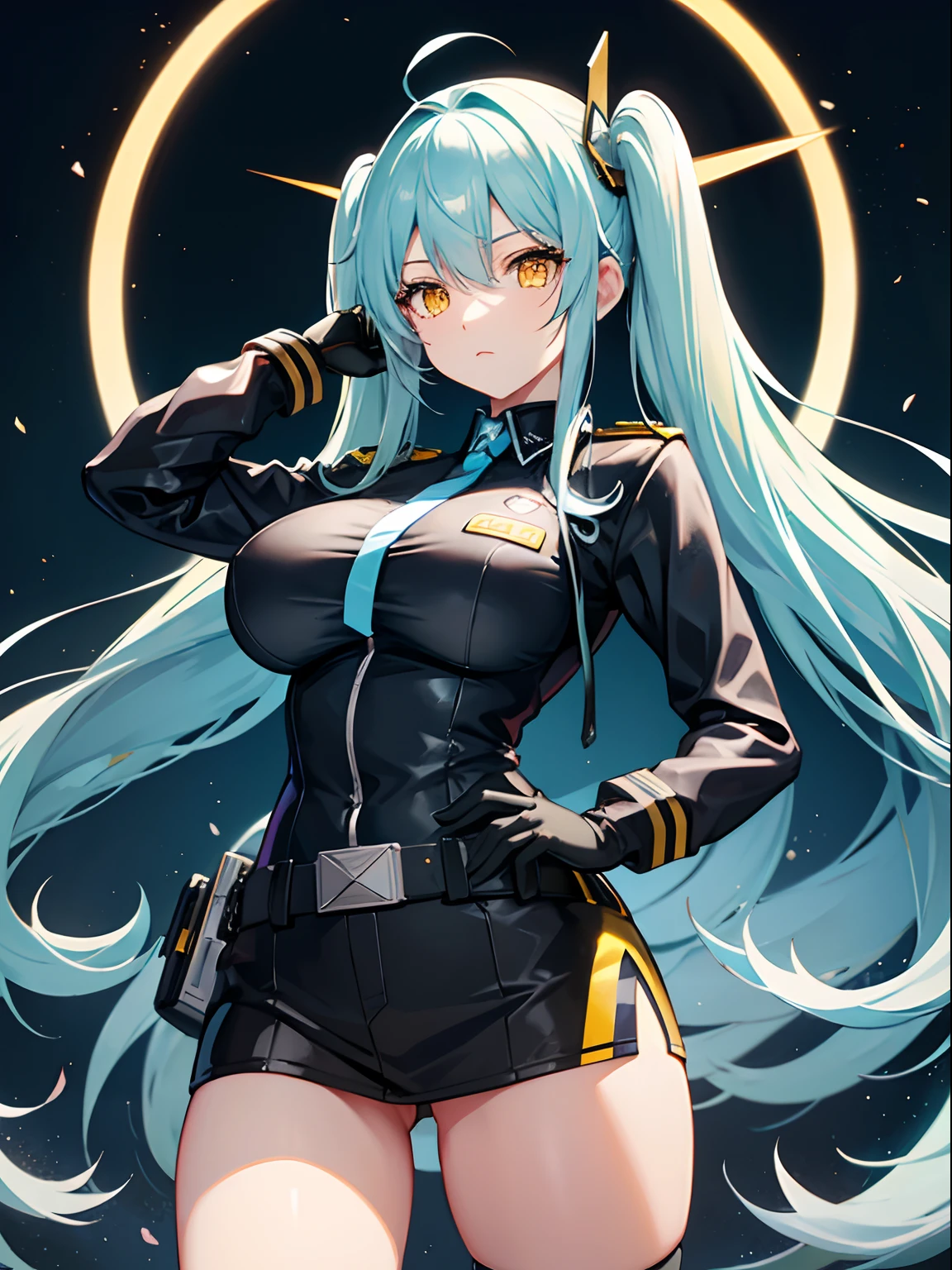 Long Hair, Twintail, Light Blue Hair, Yellow Eyes, Big Boobs, Tight Police Uniform, Nighttime, Holding A Helmet, Wearing Black Gloves