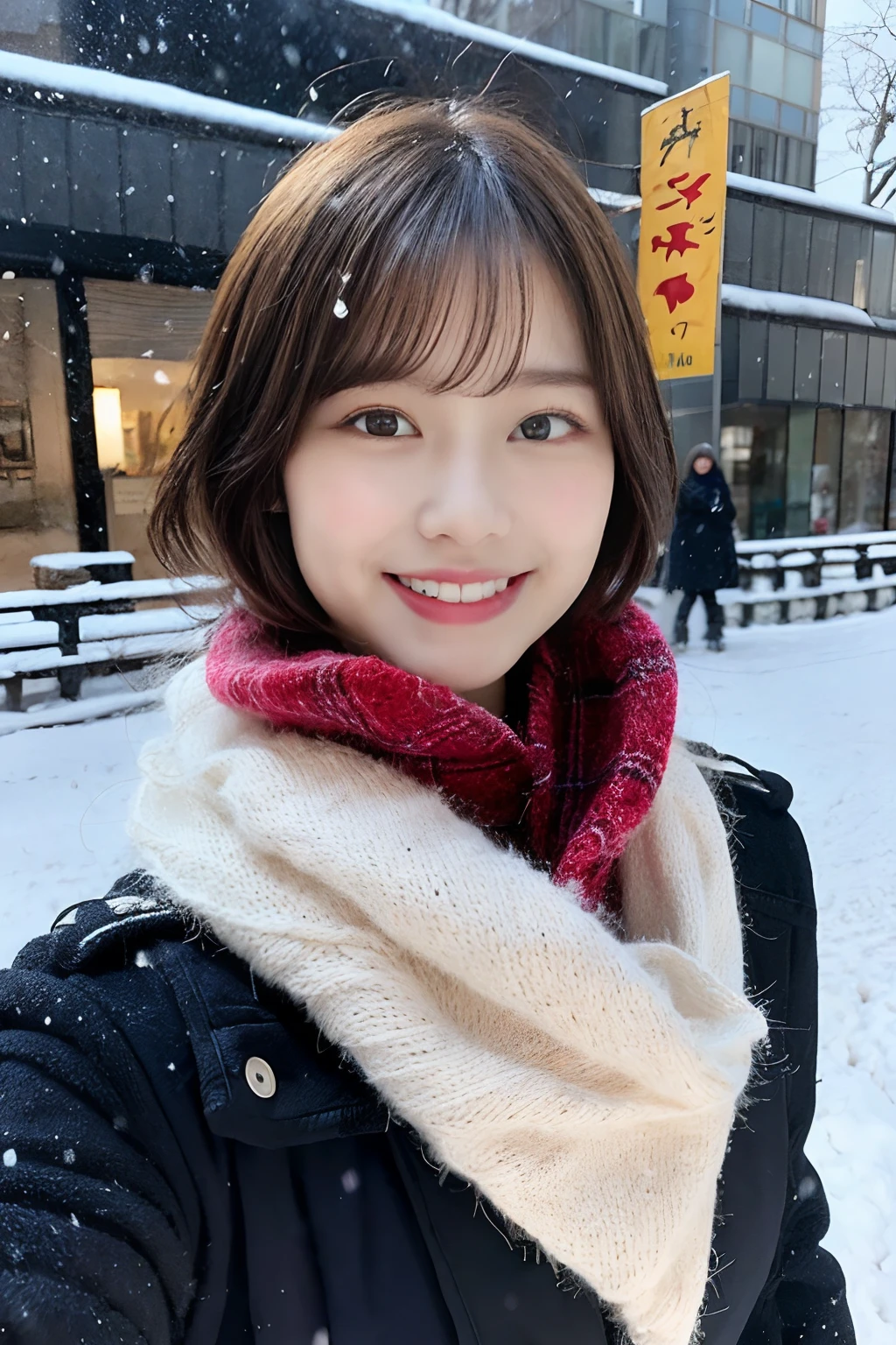 ((no-makeup))、(realisitic、Photorealsitic、ultra-detailliert、Highest Details Skins、top-quality、​masterpiece、超A high resolution)、Cute Japan Woman、sixteen years old、hi-school girl、younggirl、1 girl in、I have bangs、二重まぶた、drooing eyes、Large black eyes、Charming、purity、Cute smile、Natural smile、View here、Realistic skin type、Thick muffler、fluffy hair、((Hair is inside the scarf))、Red cheeks、The wind is blowing、It's snowing、illuminations、Lighting from behind、Medium Bob Cut